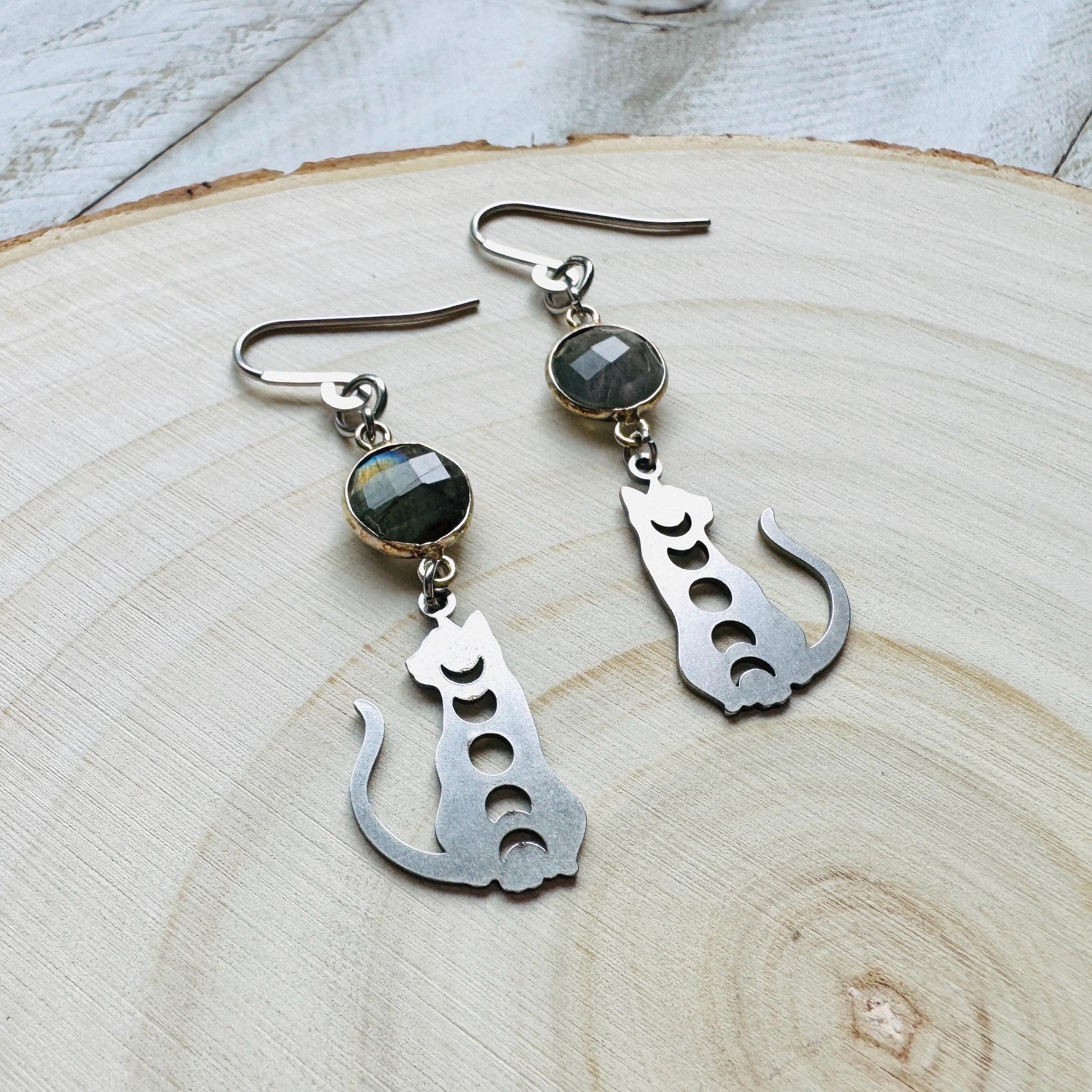 Cat Earrings, Labradorite Earrings, Moon Jewelry, Best Gifts for Aunt, Mothers Day Gift from Daughter, Easter Basket Stuffers for Tween