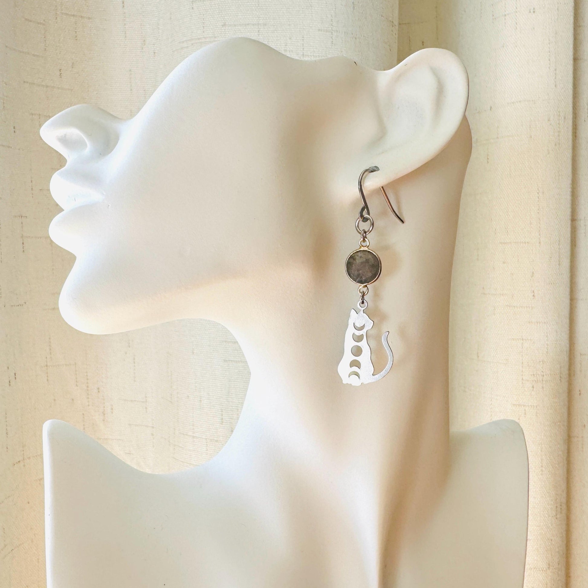 Cat Earrings, Labradorite Earrings, Moon Jewelry, Best Gifts for Aunt, Mothers Day Gift from Daughter, Easter Basket Stuffers for Tween