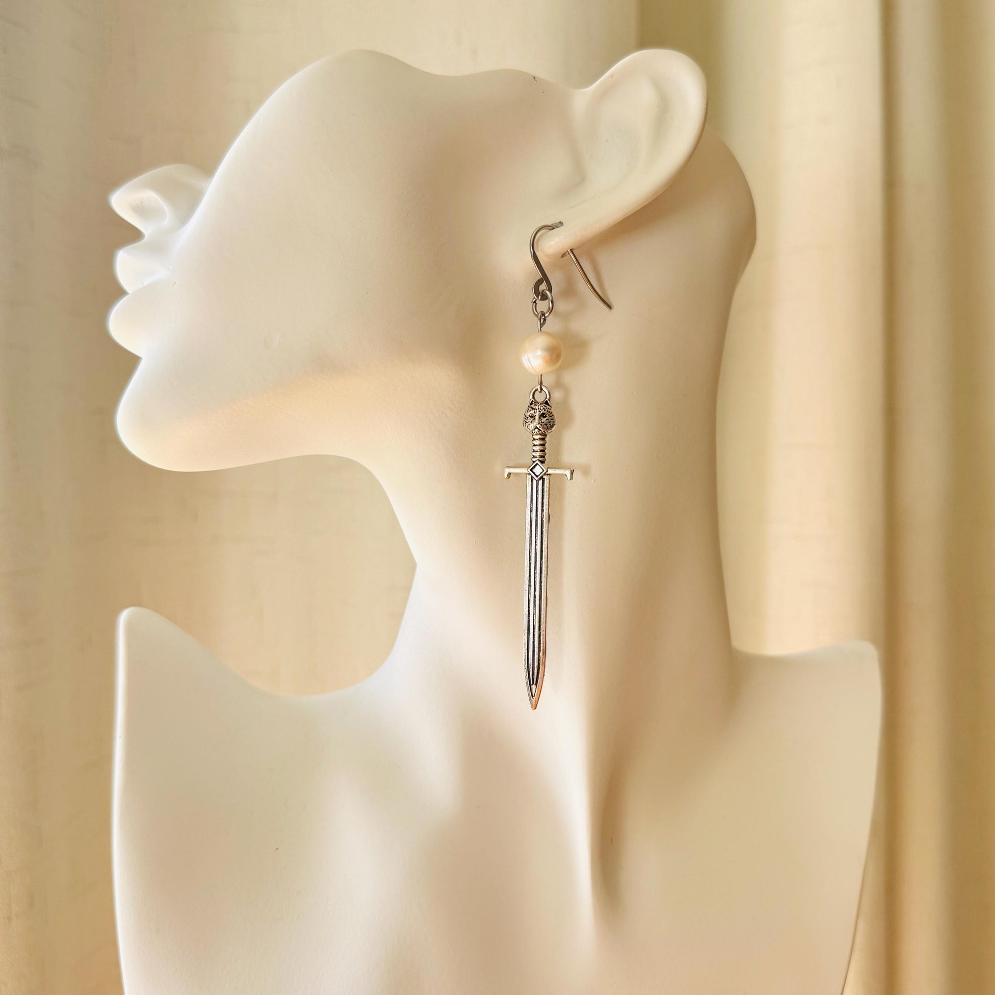 Sword Earrings, Pearl Earrings, Punk Earrings Dangle, Cat Earrings, Goth Earrings for Women, Easter Basket Stuffers for Tween, Gift for Mom