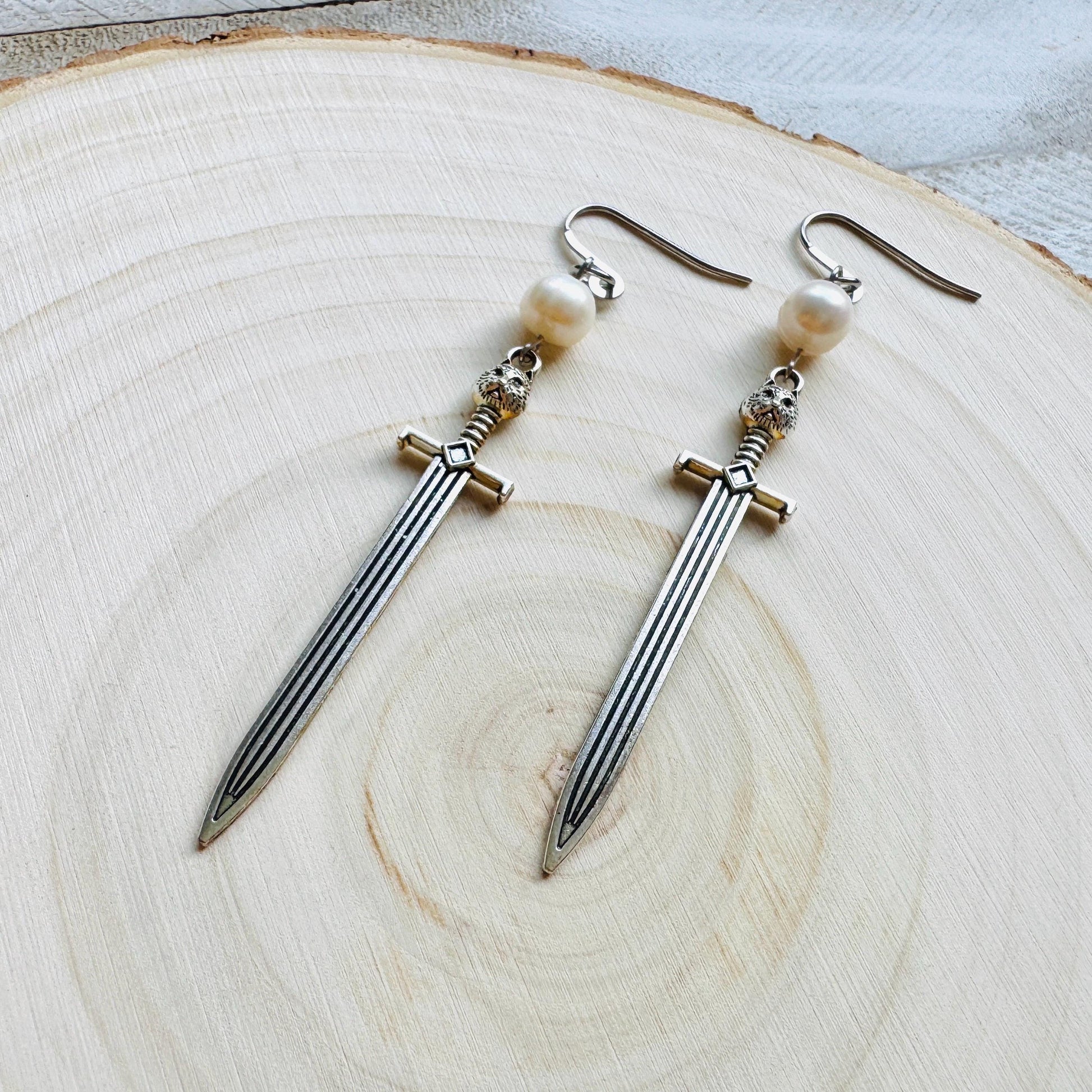 Sword Earrings, Pearl Earrings, Punk Earrings Dangle, Cat Earrings, Goth Earrings for Women, Easter Basket Stuffers for Tween, Gift for Mom