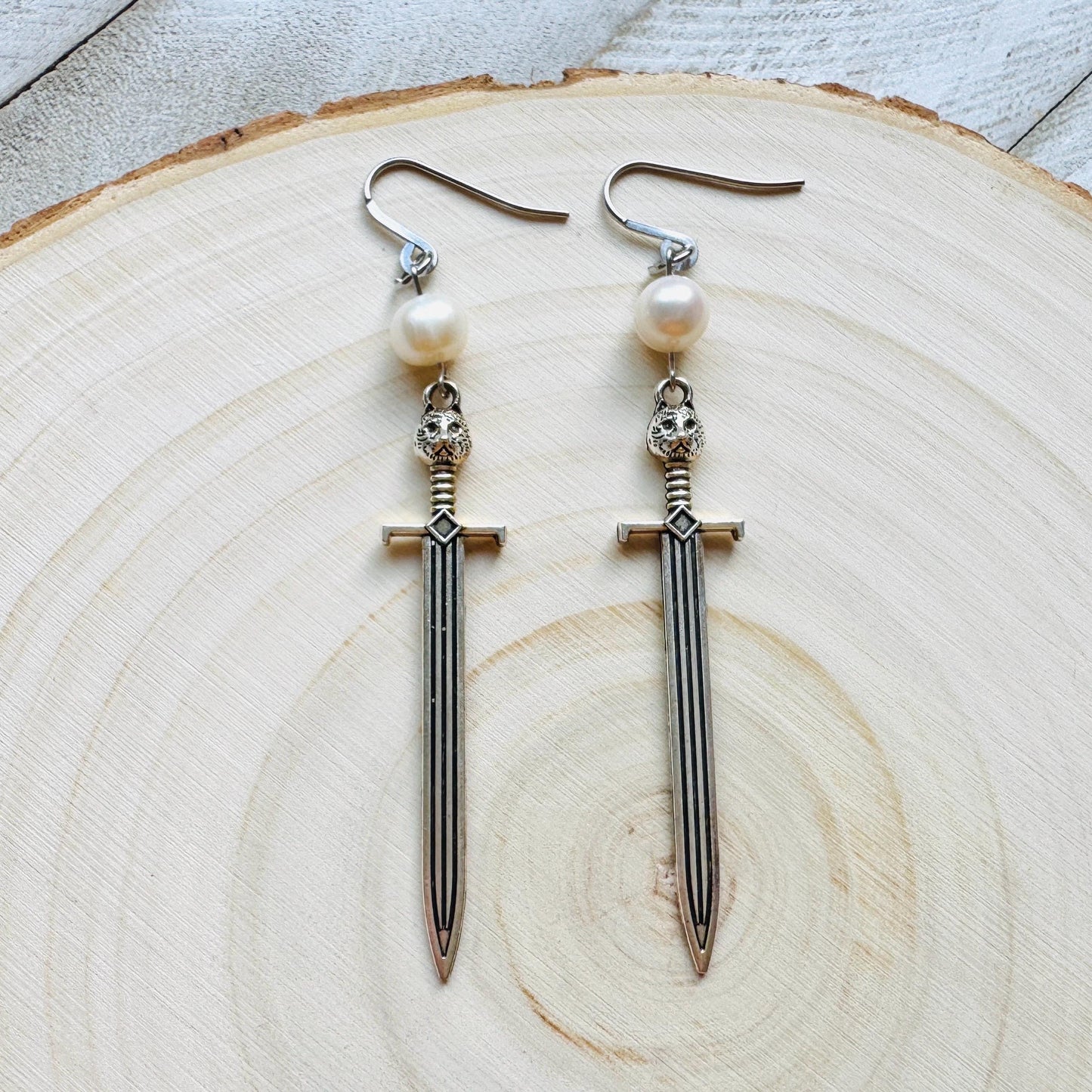 Sword Earrings, Pearl Earrings, Punk Earrings Dangle, Cat Earrings, Goth Earrings for Women, Easter Basket Stuffers for Tween, Gift for Mom