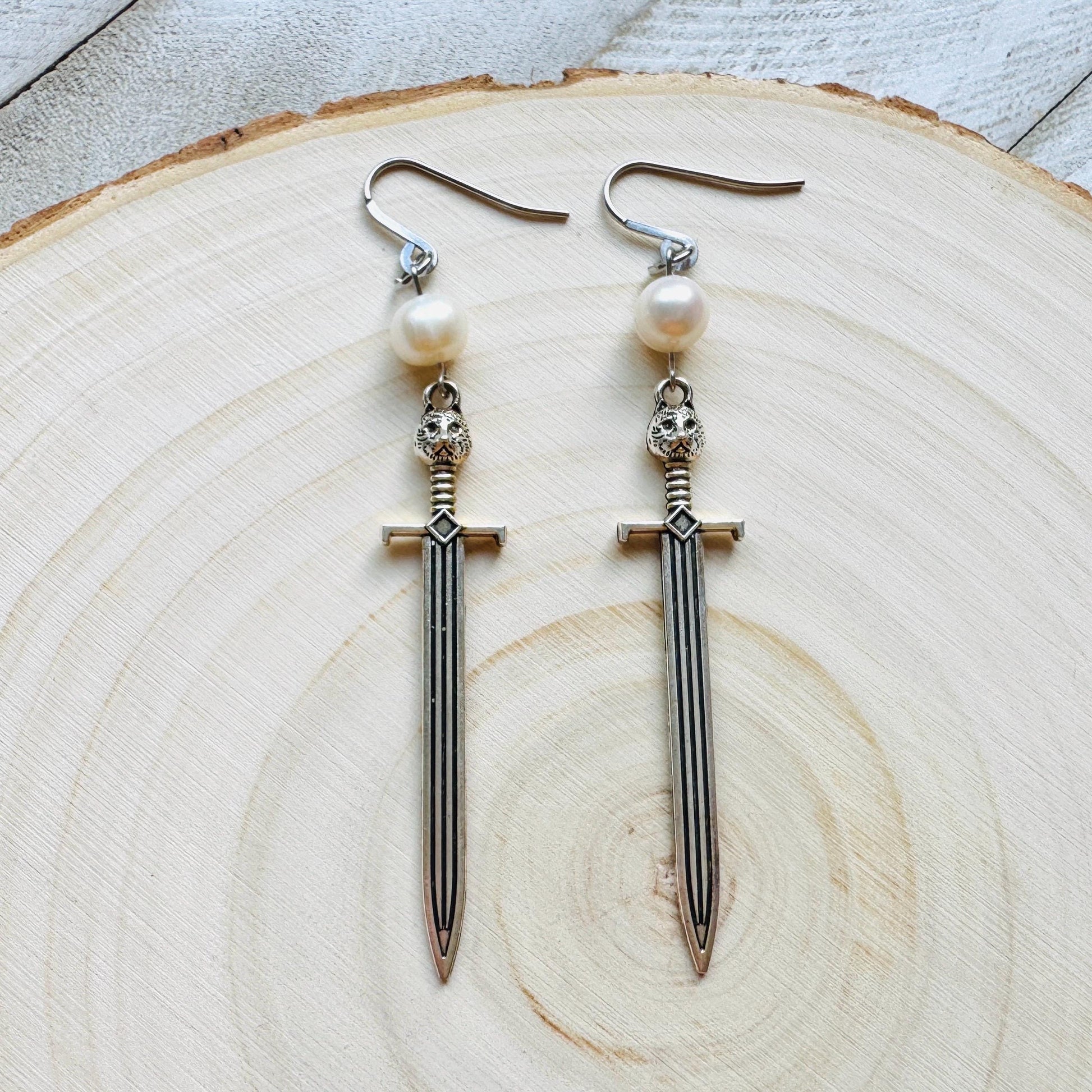Sword Earrings, Pearl Earrings, Punk Earrings Dangle, Cat Earrings, Goth Earrings for Women, Easter Basket Stuffers for Tween, Gift for Mom