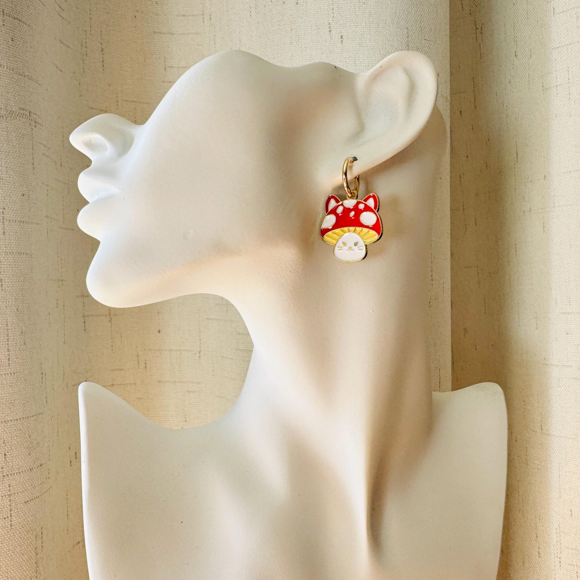 Cat Earrings, Mushroom Earrings, Huggie Hoops, Kitty Jewelry, Kawaii Jewelry, Easter Basket Stuffers for Tween, Unique Gifts for Teachers