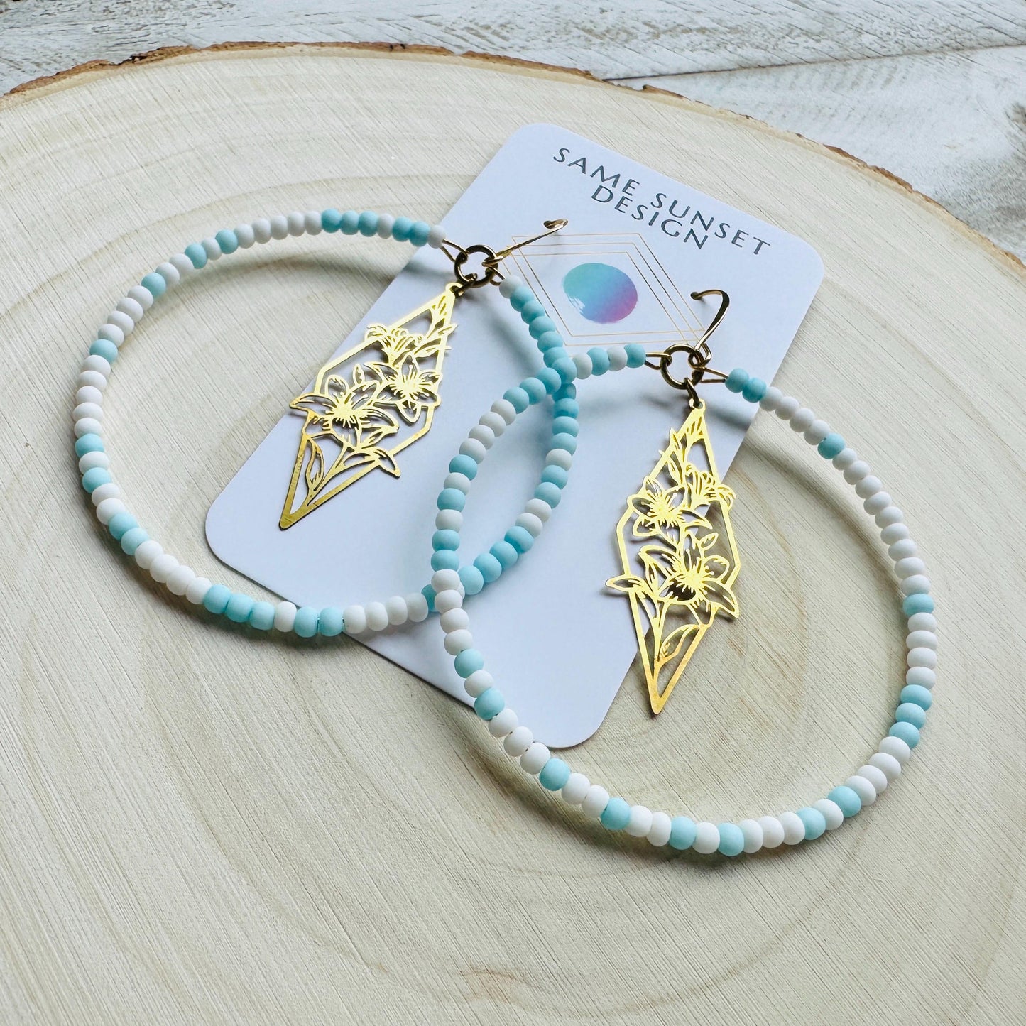 Flower Earrings, Blue Earrings, Seed Bead Hoop Earrings, Pastel Earrings, Boho Earrings, Easter Basket Stuffers for Women, Gift for Mom