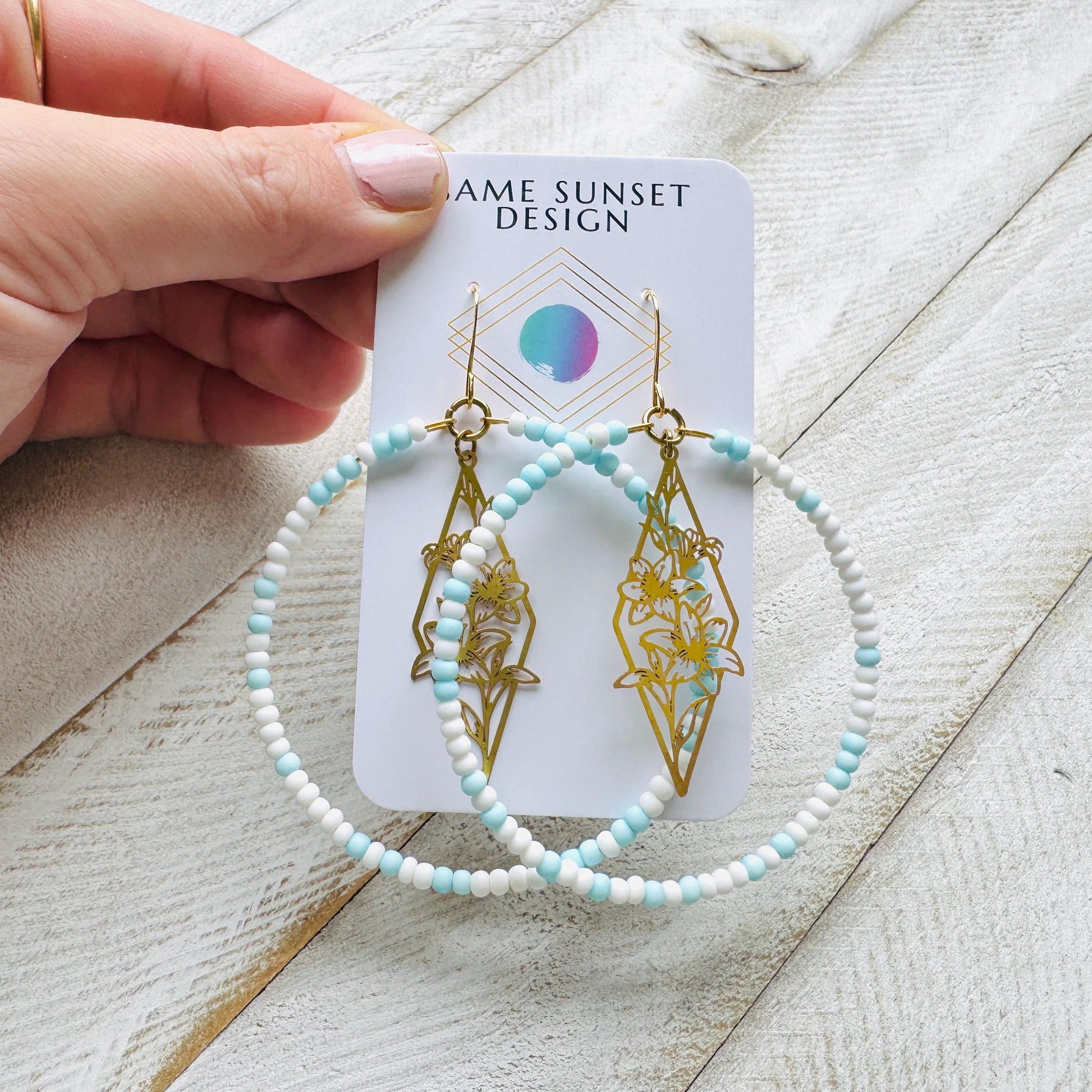 Flower Earrings, Blue Earrings, Seed Bead Hoop Earrings, Pastel Earrings, Boho Earrings, Easter Basket Stuffers for Women, Gift for Mom