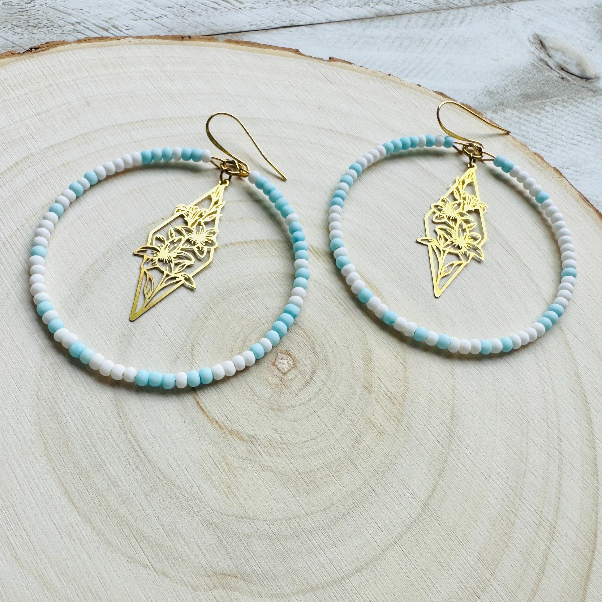 Flower Earrings, Blue Earrings, Seed Bead Hoop Earrings, Pastel Earrings, Boho Earrings, Easter Basket Stuffers for Women, Gift for Mom