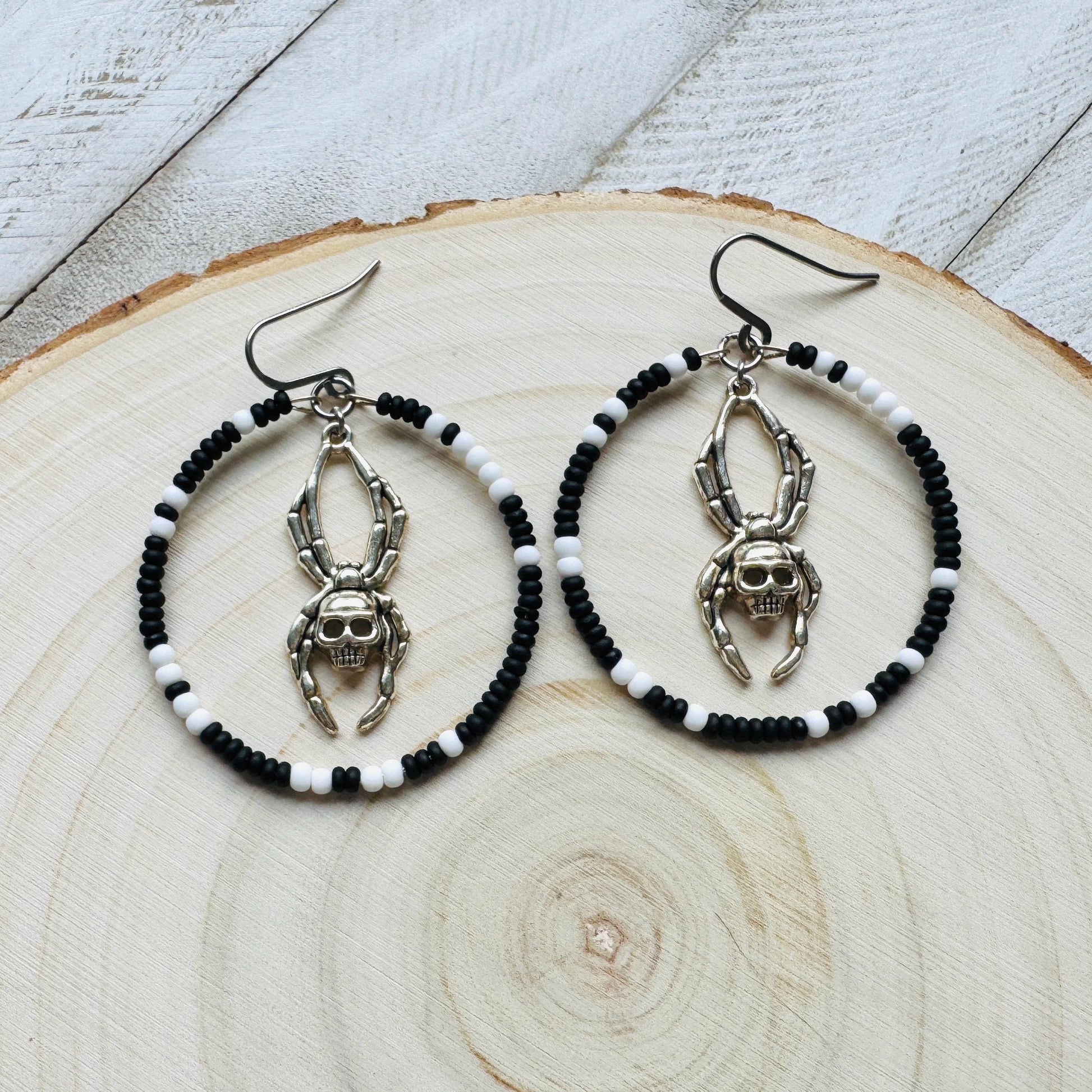 Spider Earrings, Seed Bead Earrings, Hoop Earrings Silver, Corporate Goth, Punk Earrings Dangle, Easter Basket Stuffers for Women, Witchy