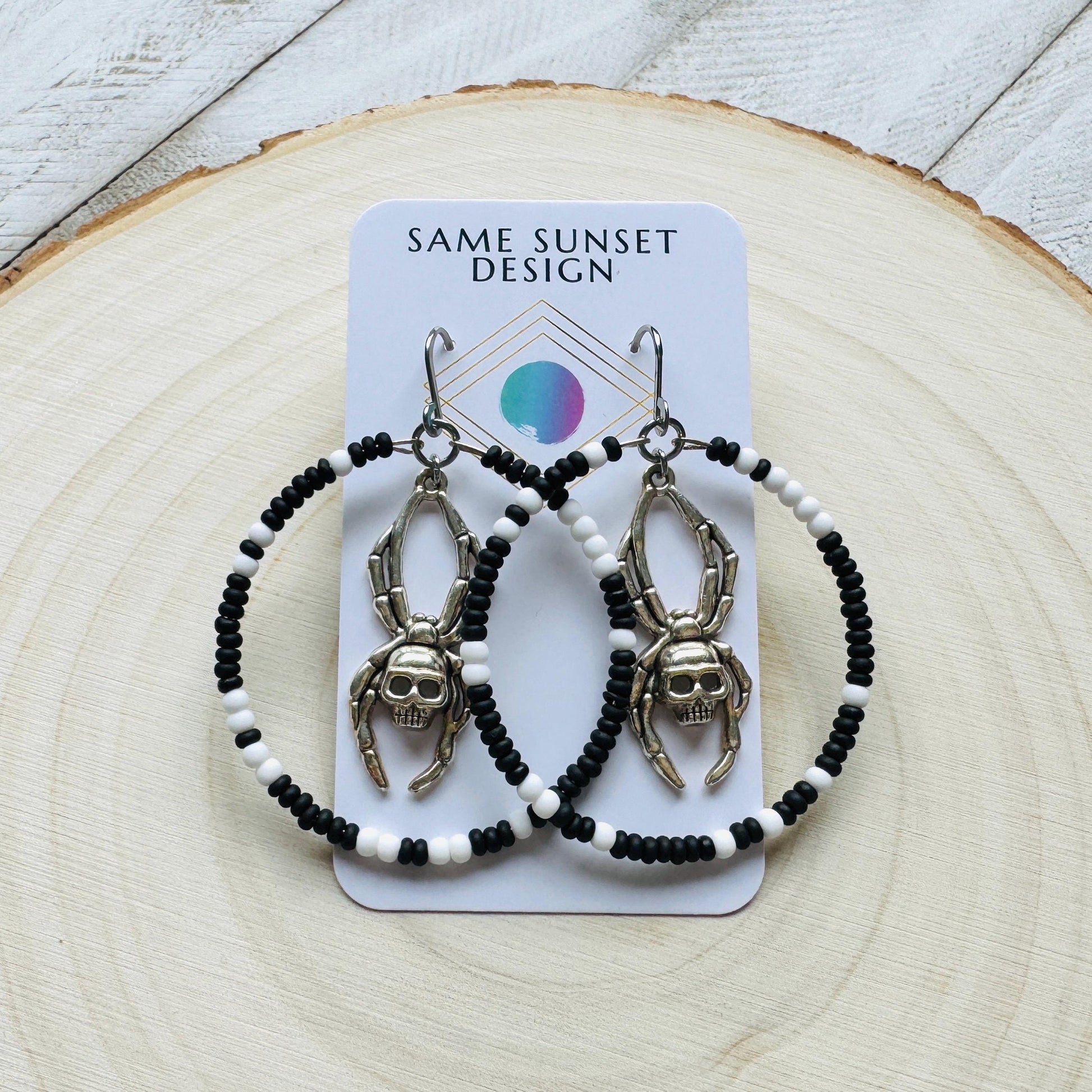 Spider Earrings, Seed Bead Earrings, Hoop Earrings Silver, Corporate Goth, Punk Earrings Dangle, Easter Basket Stuffers for Women, Witchy