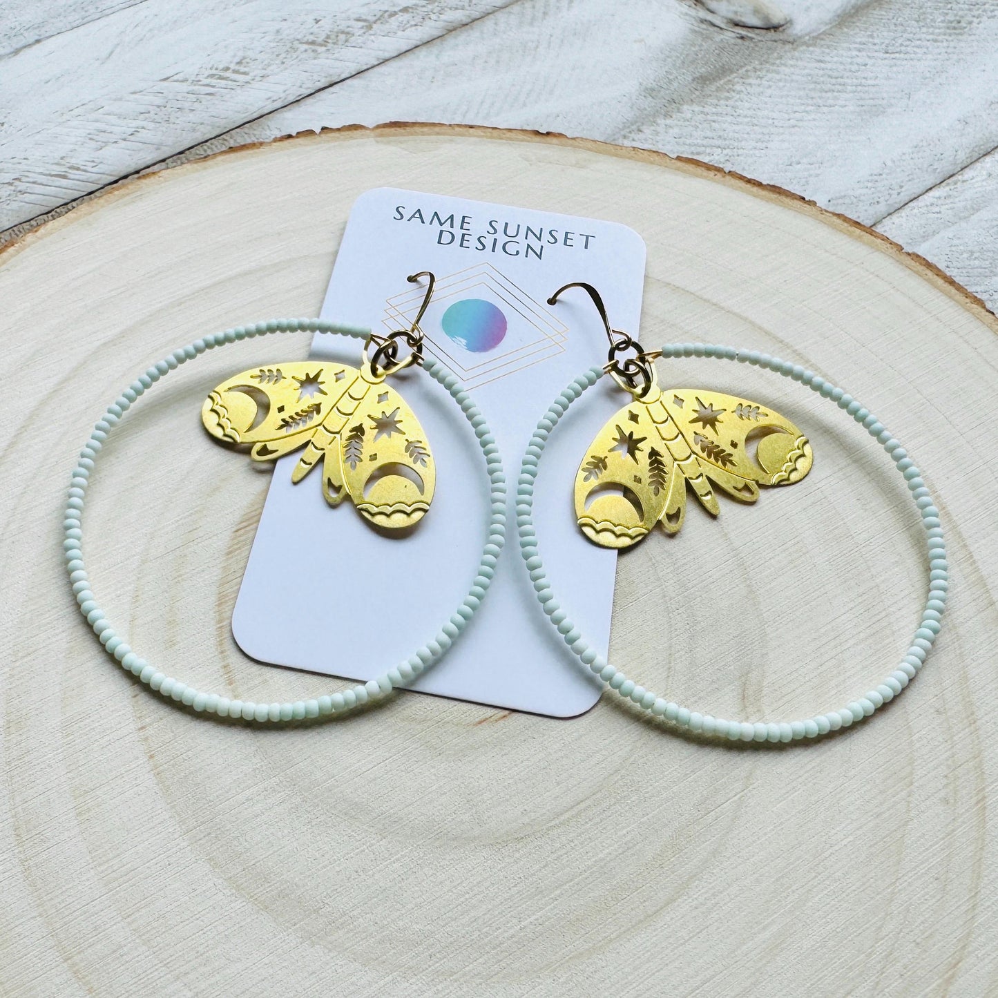 Moth Earrings, Seed Bead Hoop Earrings, Celestial Earrings Gold, Boho Earrings, Birthday Gift for Wife, Easter Basket Stuffers for Women
