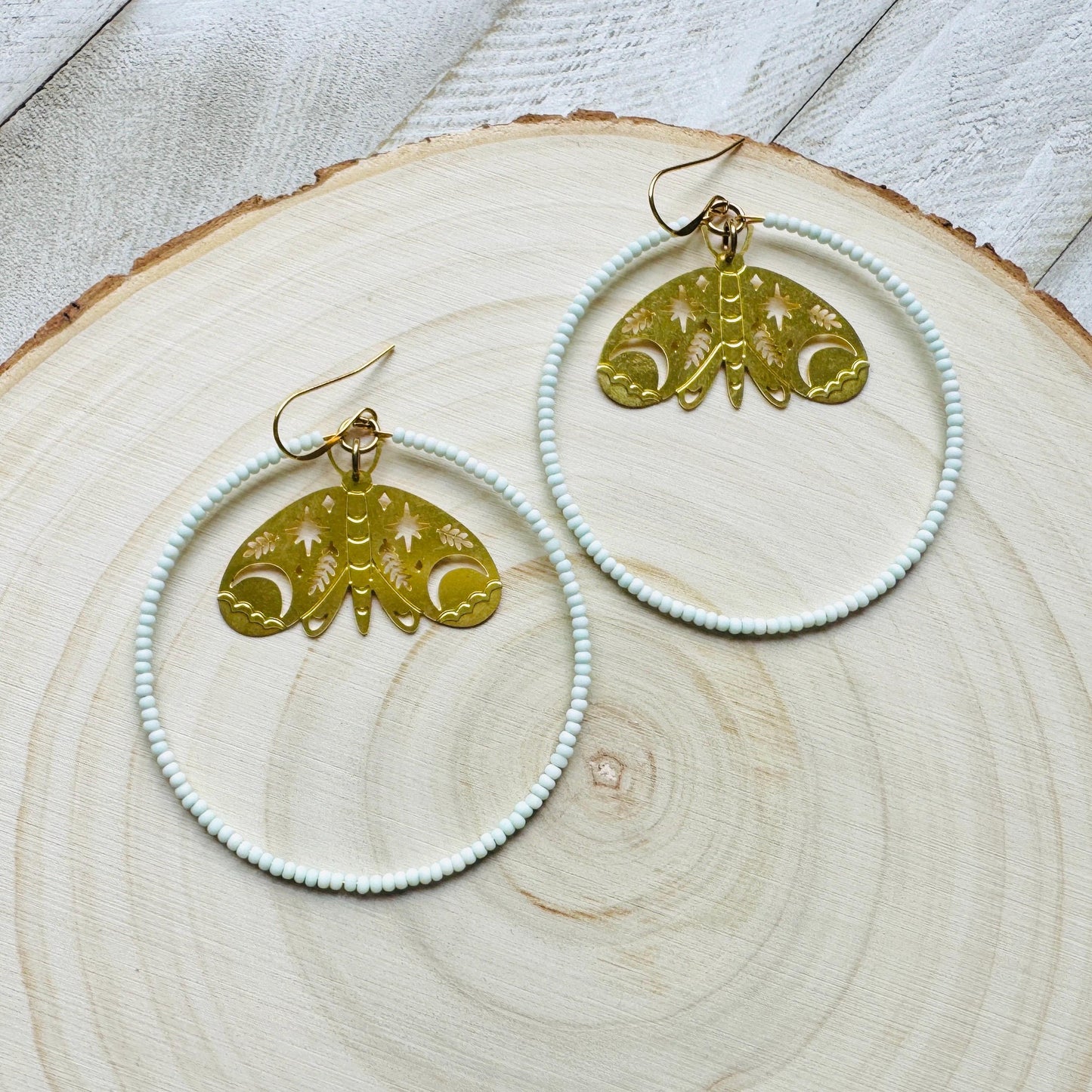 Moth Earrings, Seed Bead Hoop Earrings, Celestial Earrings Gold, Boho Earrings, Birthday Gift for Wife, Easter Basket Stuffers for Women