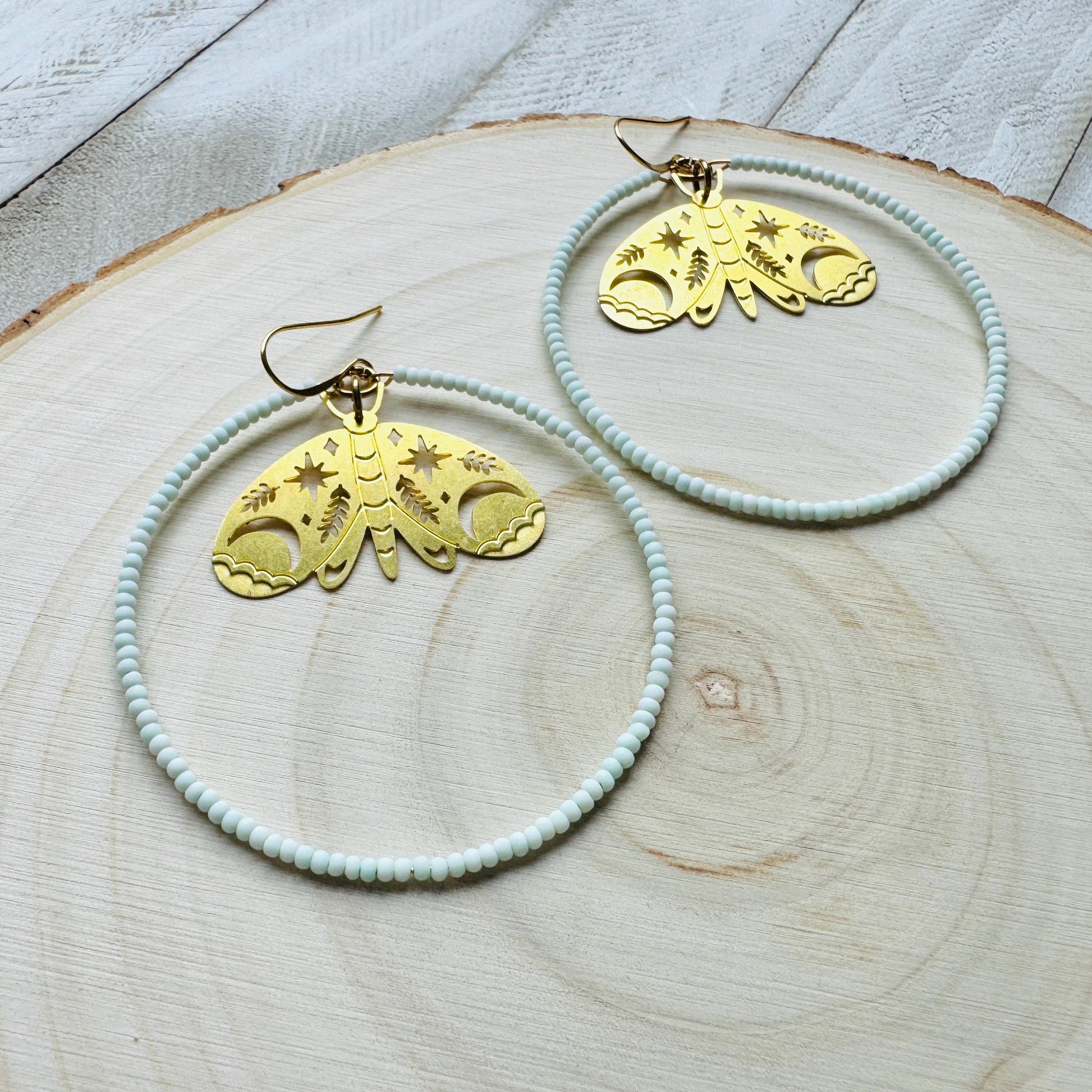 Moth Earrings, Seed Bead Hoop Earrings, Celestial Earrings Gold, Boho Earrings, Birthday Gift for Wife, Easter Basket Stuffers for Women