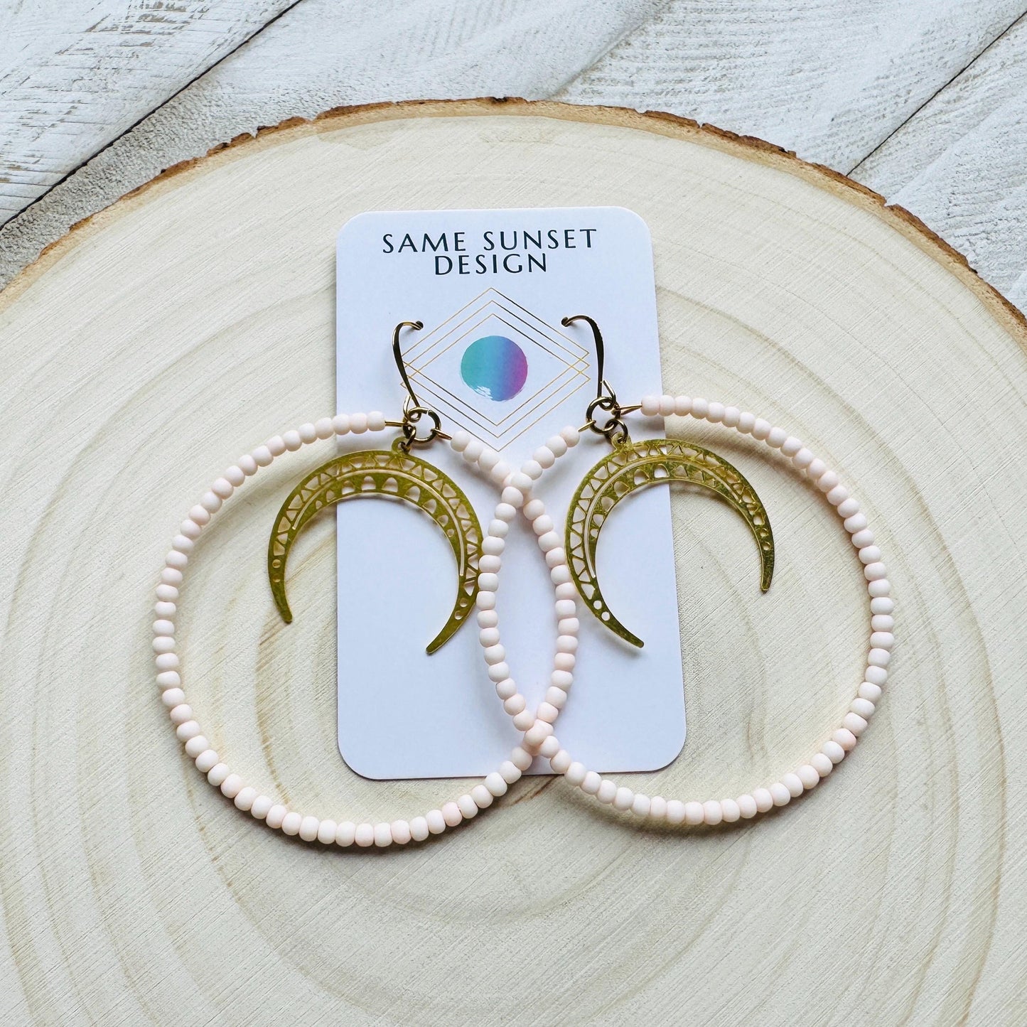 Crescent Moon Earrings, Seed Bead Hoop Earrings, Brass Hoop Earrings Large, Birthday Gift for Wife, Easter Basket Stuffers for Women