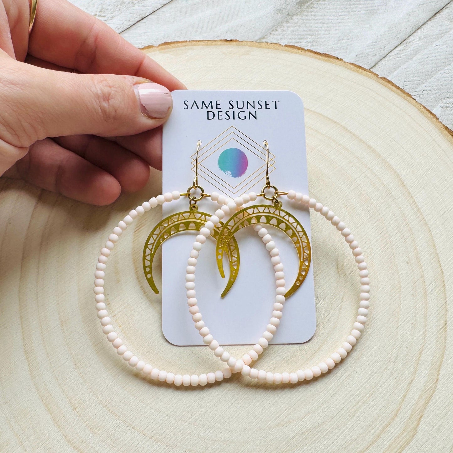 Crescent Moon Earrings, Seed Bead Hoop Earrings, Brass Hoop Earrings Large, Birthday Gift for Wife, Easter Basket Stuffers for Women