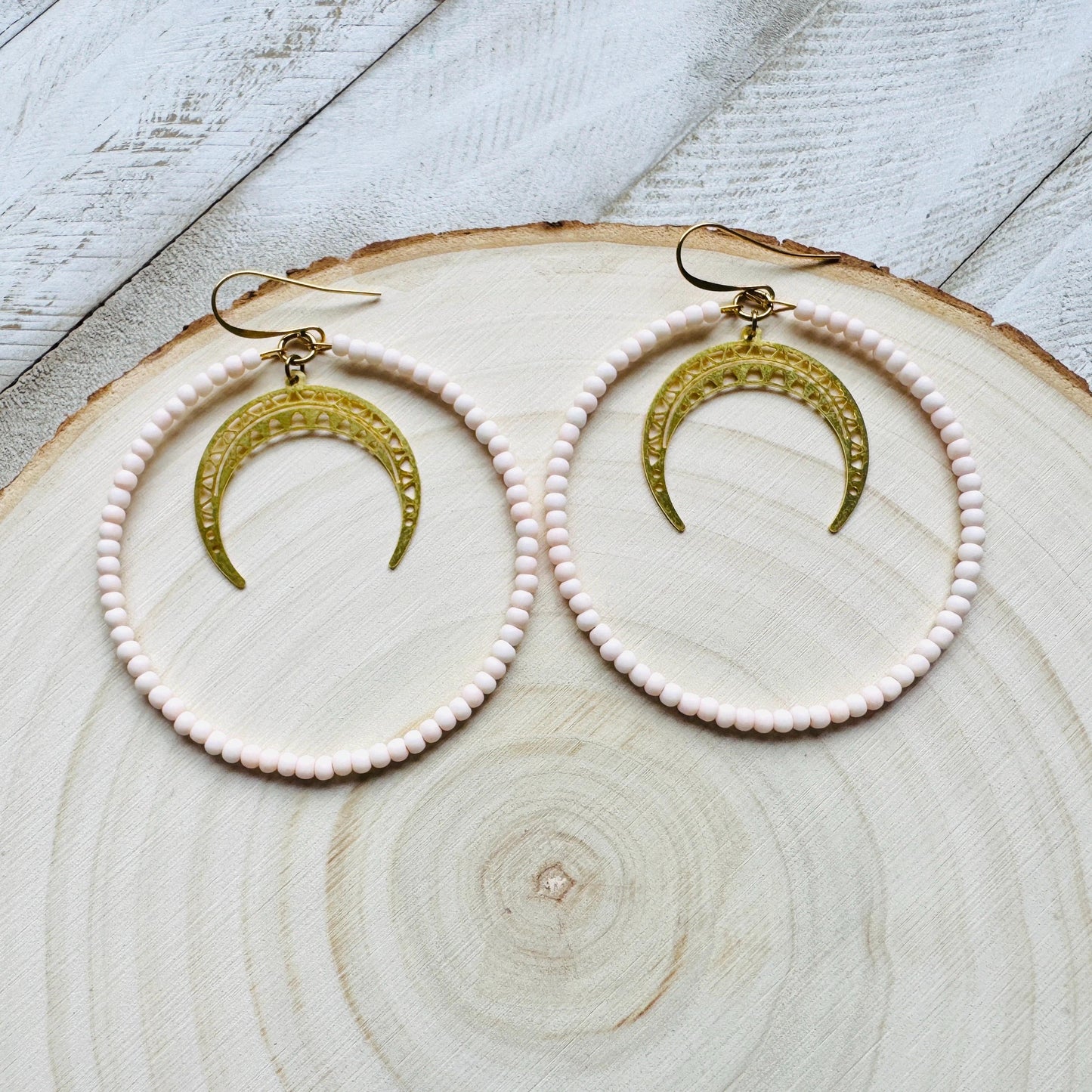 Crescent Moon Earrings, Seed Bead Hoop Earrings, Brass Hoop Earrings Large, Birthday Gift for Wife, Easter Basket Stuffers for Women