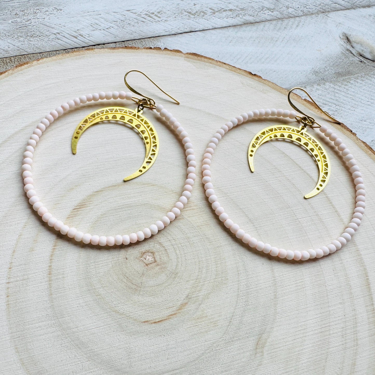Crescent Moon Earrings, Seed Bead Hoop Earrings, Brass Hoop Earrings Large, Birthday Gift for Wife, Easter Basket Stuffers for Women