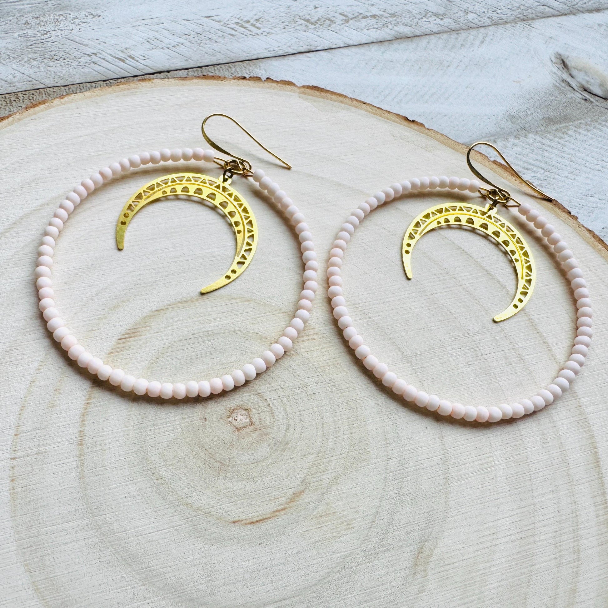 Crescent Moon Earrings, Seed Bead Hoop Earrings, Brass Hoop Earrings Large, Birthday Gift for Wife, Easter Basket Stuffers for Women