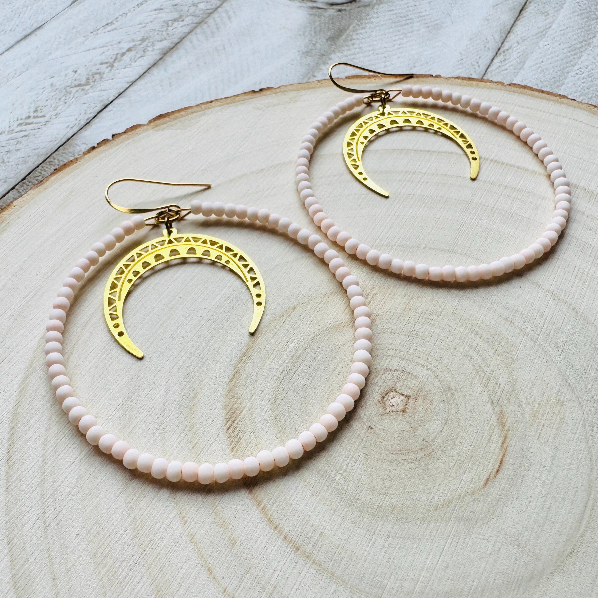 Crescent Moon Earrings, Seed Bead Hoop Earrings, Brass Hoop Earrings Large, Birthday Gift for Wife, Easter Basket Stuffers for Women