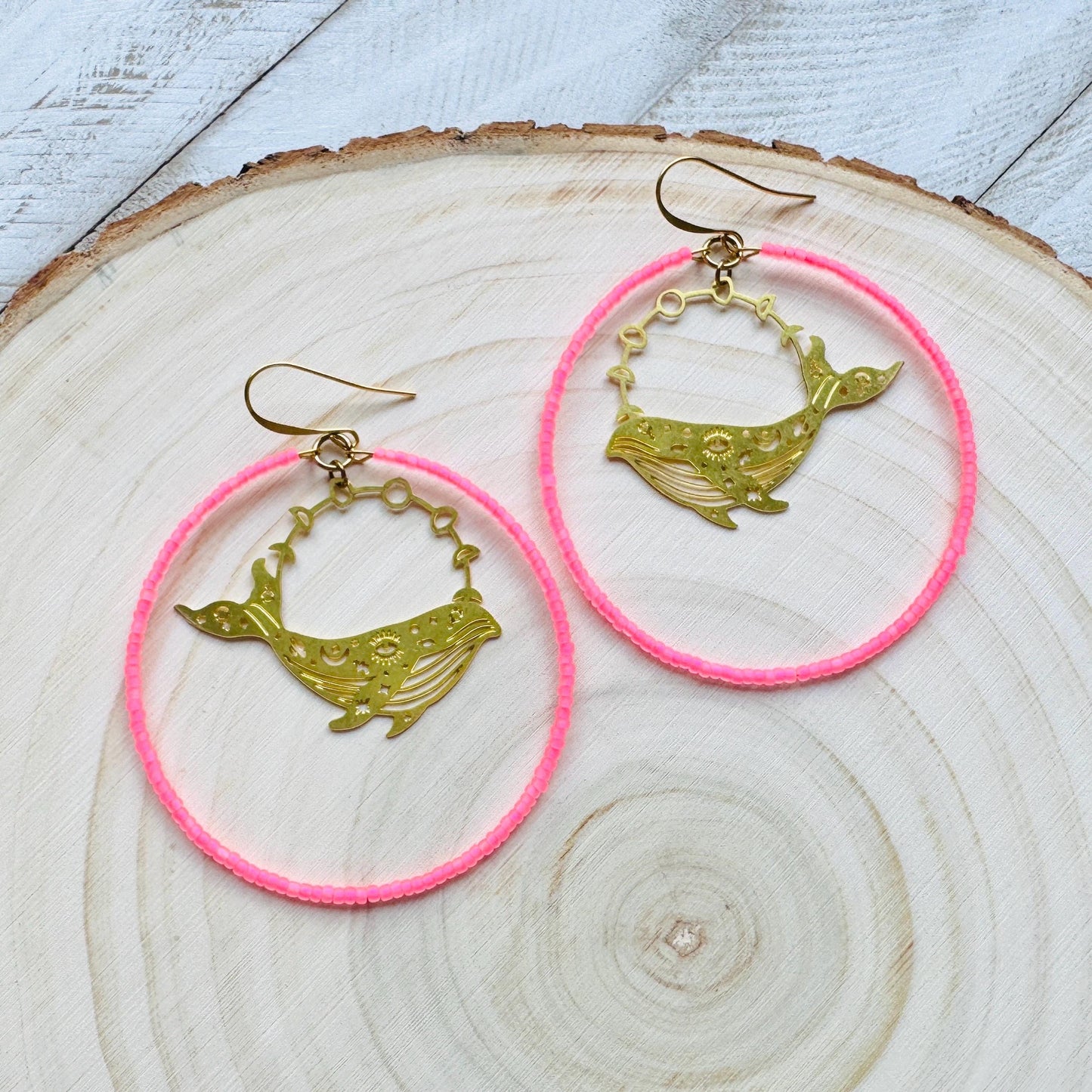 Whale Earrings, Seed Bead Hoop Earrings, Brass Hoop Earrings Large, Birthday Gift for Wife, Easter Basket Stuffers for Women, Boho Chic