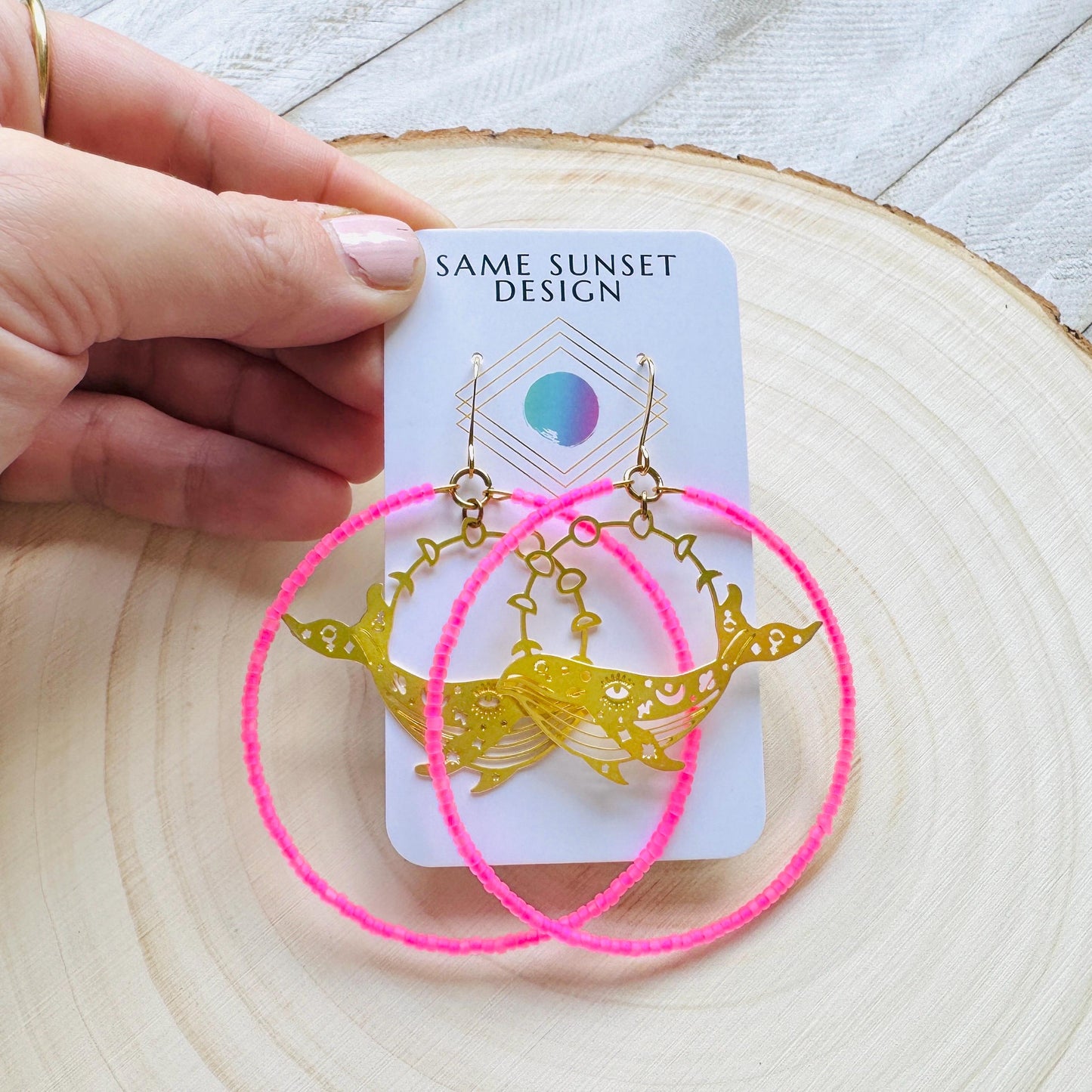 Whale Earrings, Seed Bead Hoop Earrings, Brass Hoop Earrings Large, Birthday Gift for Wife, Easter Basket Stuffers for Women, Boho Chic