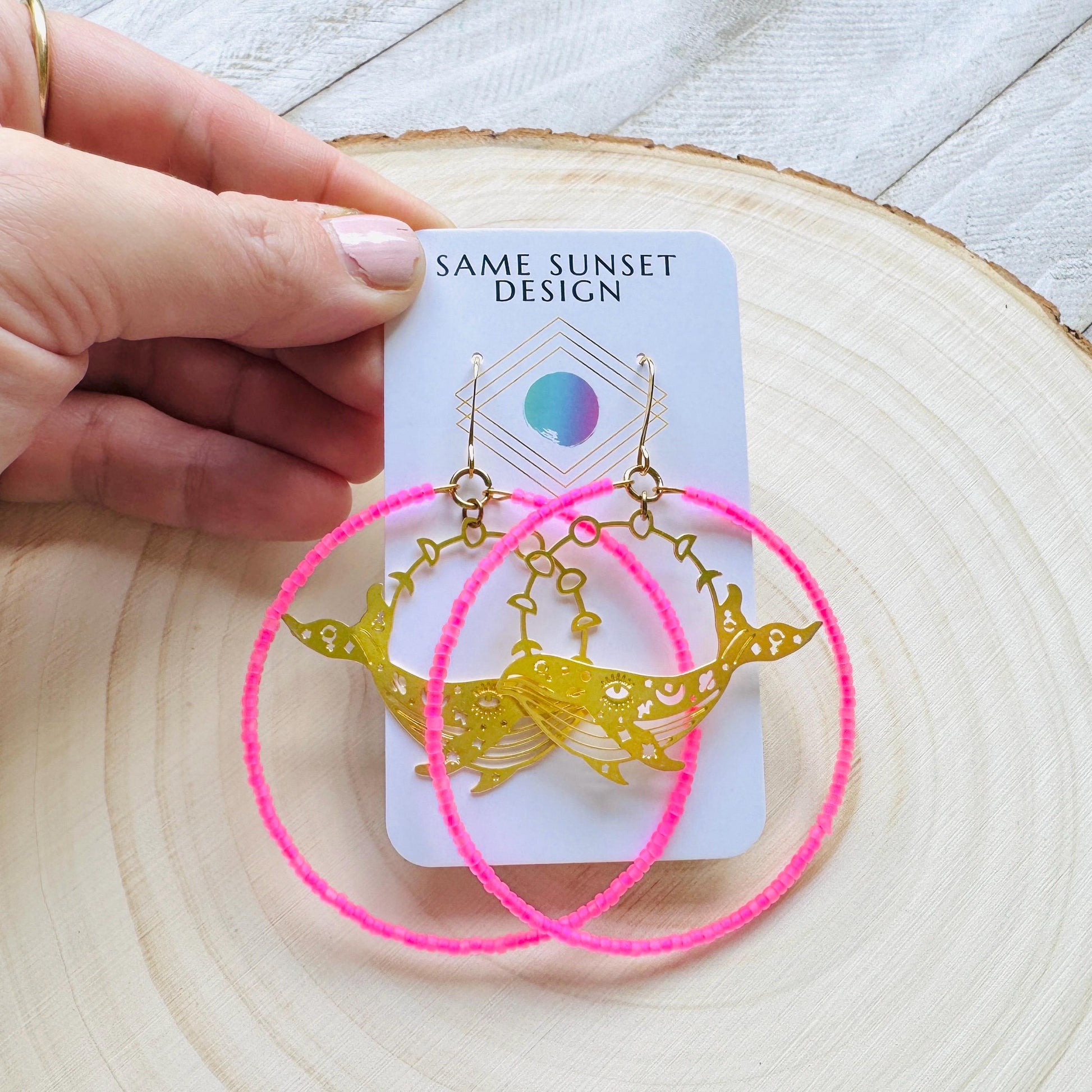 Whale Earrings, Seed Bead Hoop Earrings, Brass Hoop Earrings Large, Birthday Gift for Wife, Easter Basket Stuffers for Women, Boho Chic