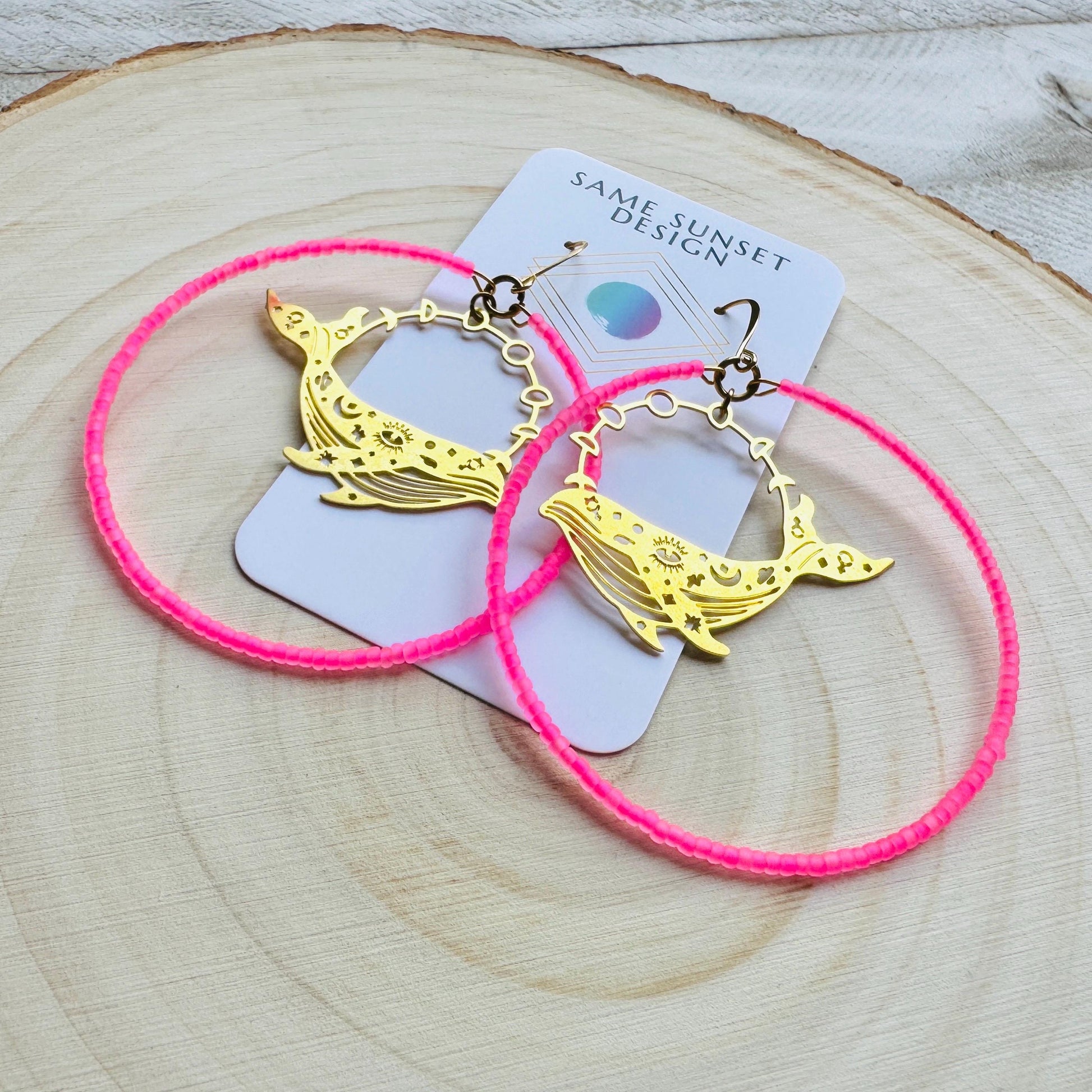 Whale Earrings, Seed Bead Hoop Earrings, Brass Hoop Earrings Large, Birthday Gift for Wife, Easter Basket Stuffers for Women, Boho Chic