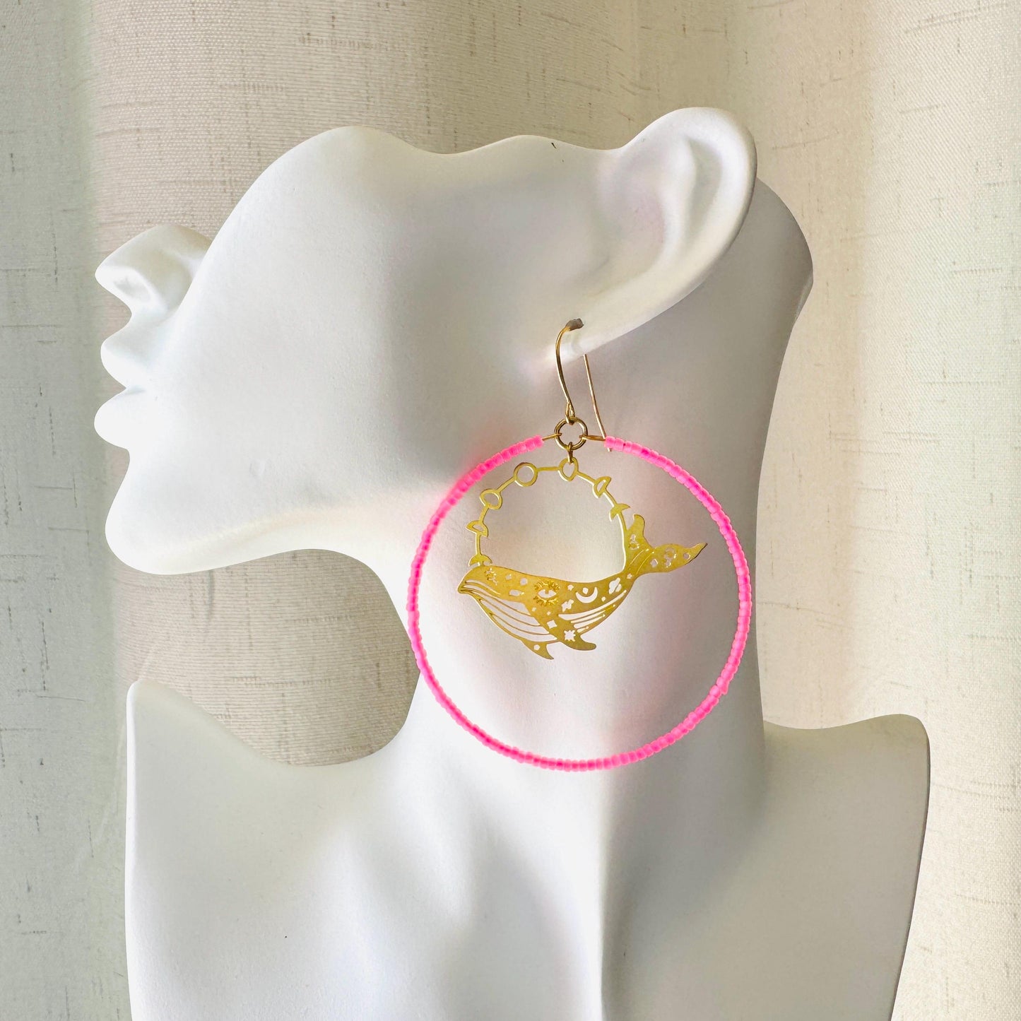 Whale Earrings, Seed Bead Hoop Earrings, Brass Hoop Earrings Large, Birthday Gift for Wife, Easter Basket Stuffers for Women, Boho Chic