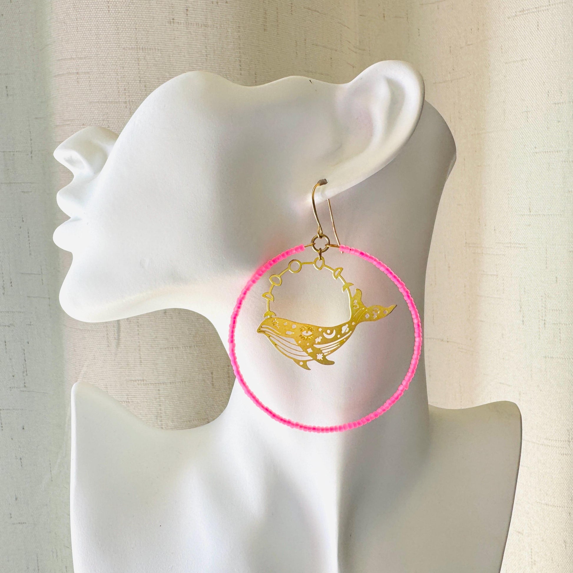 Whale Earrings, Seed Bead Hoop Earrings, Brass Hoop Earrings Large, Birthday Gift for Wife, Easter Basket Stuffers for Women, Boho Chic
