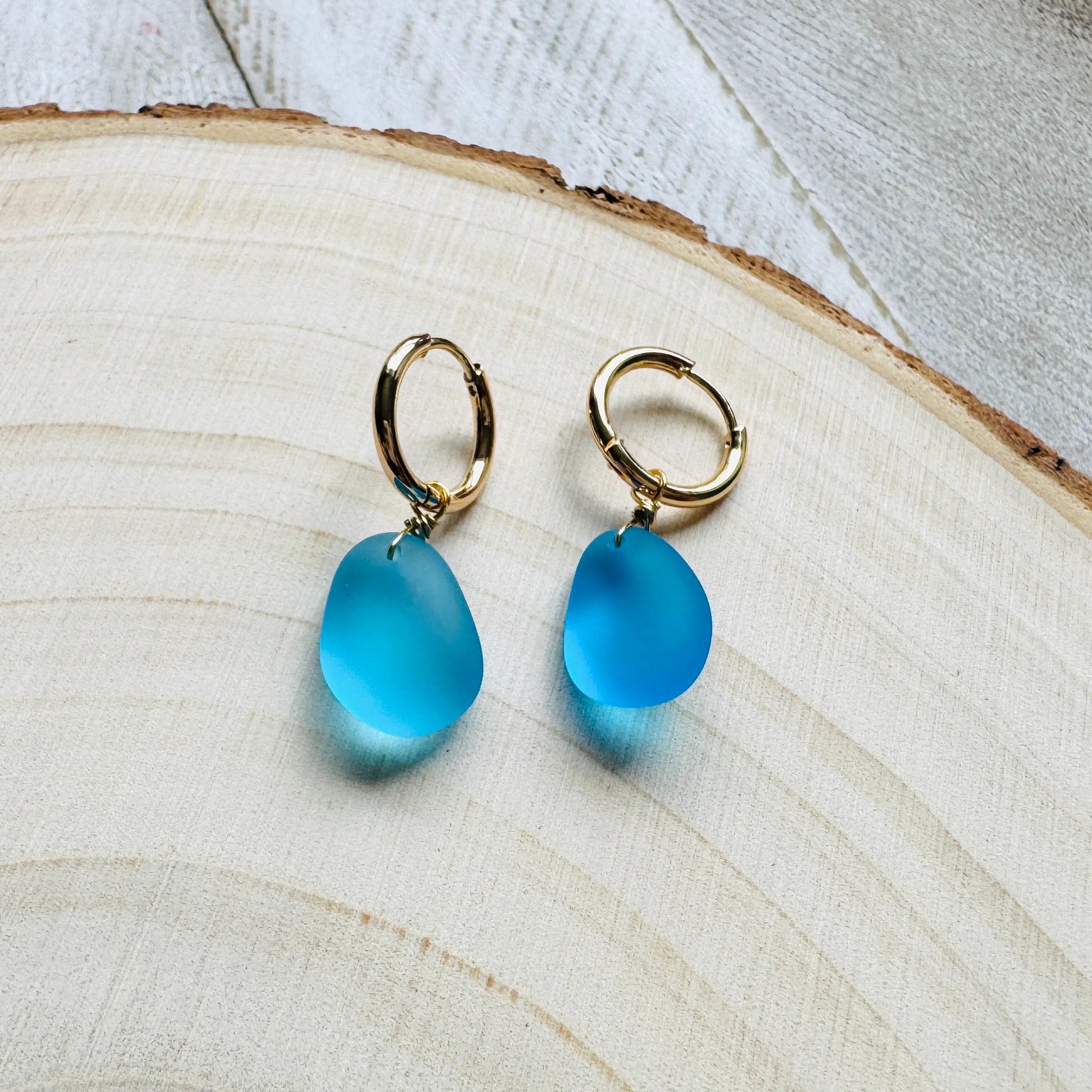 Sea Glass Earrings Dangle, Beachy Jewelry, Huggie Hoop Earrings, Blue Earrings, Trendy Jewelry, Boho Hippie Jewelry, Birthday Gift for Mom