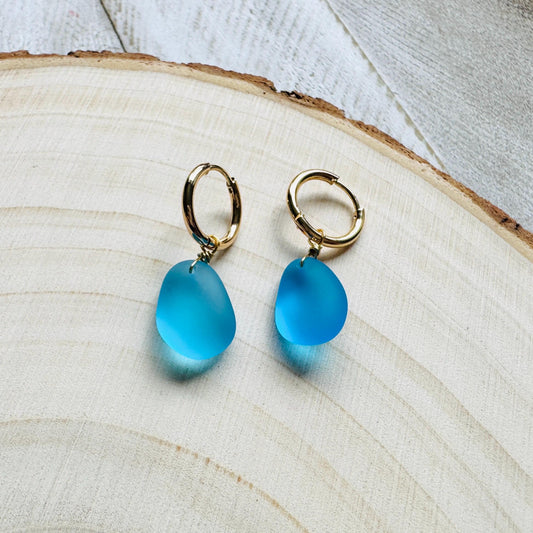 Sea Glass Earrings Dangle, Beachy Jewelry, Huggie Hoop Earrings, Blue Earrings, Trendy Jewelry, Boho Hippie Jewelry, Birthday Gift for Mom