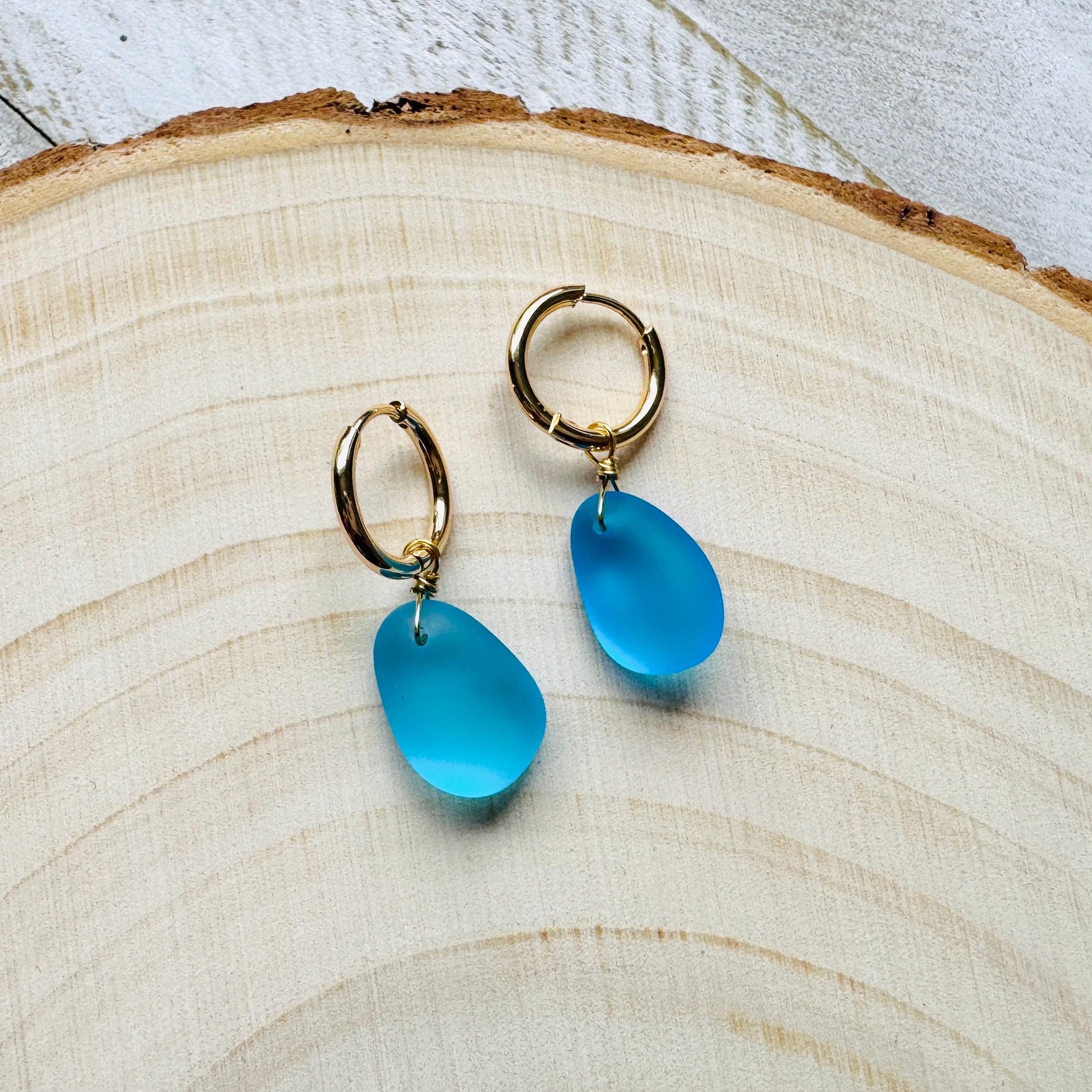 Sea Glass Earrings Dangle, Beachy Jewelry, Huggie Hoop Earrings, Blue Earrings, Trendy Jewelry, Boho Hippie Jewelry, Birthday Gift for Mom