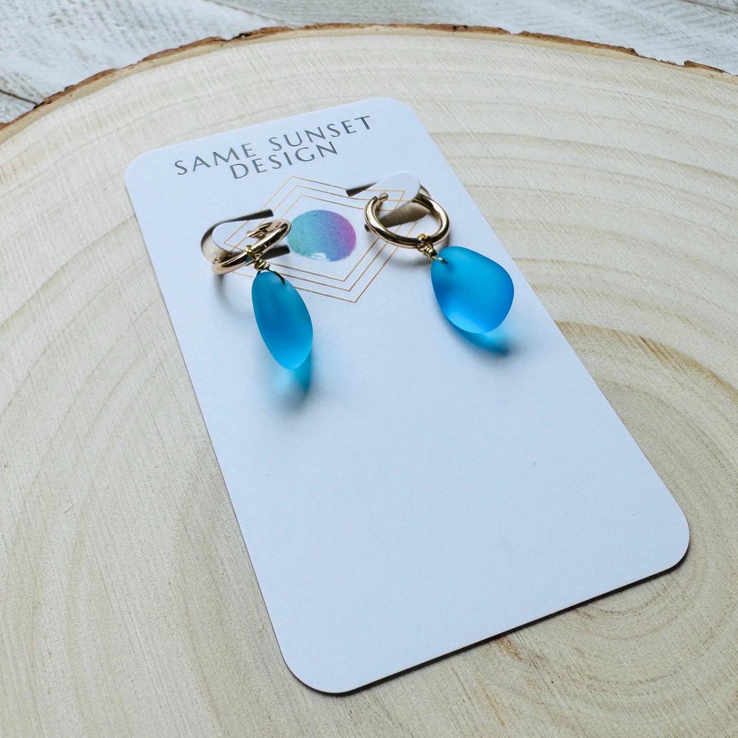 Sea Glass Earrings Dangle, Beachy Jewelry, Huggie Hoop Earrings, Blue Earrings, Trendy Jewelry, Boho Hippie Jewelry, Birthday Gift for Mom