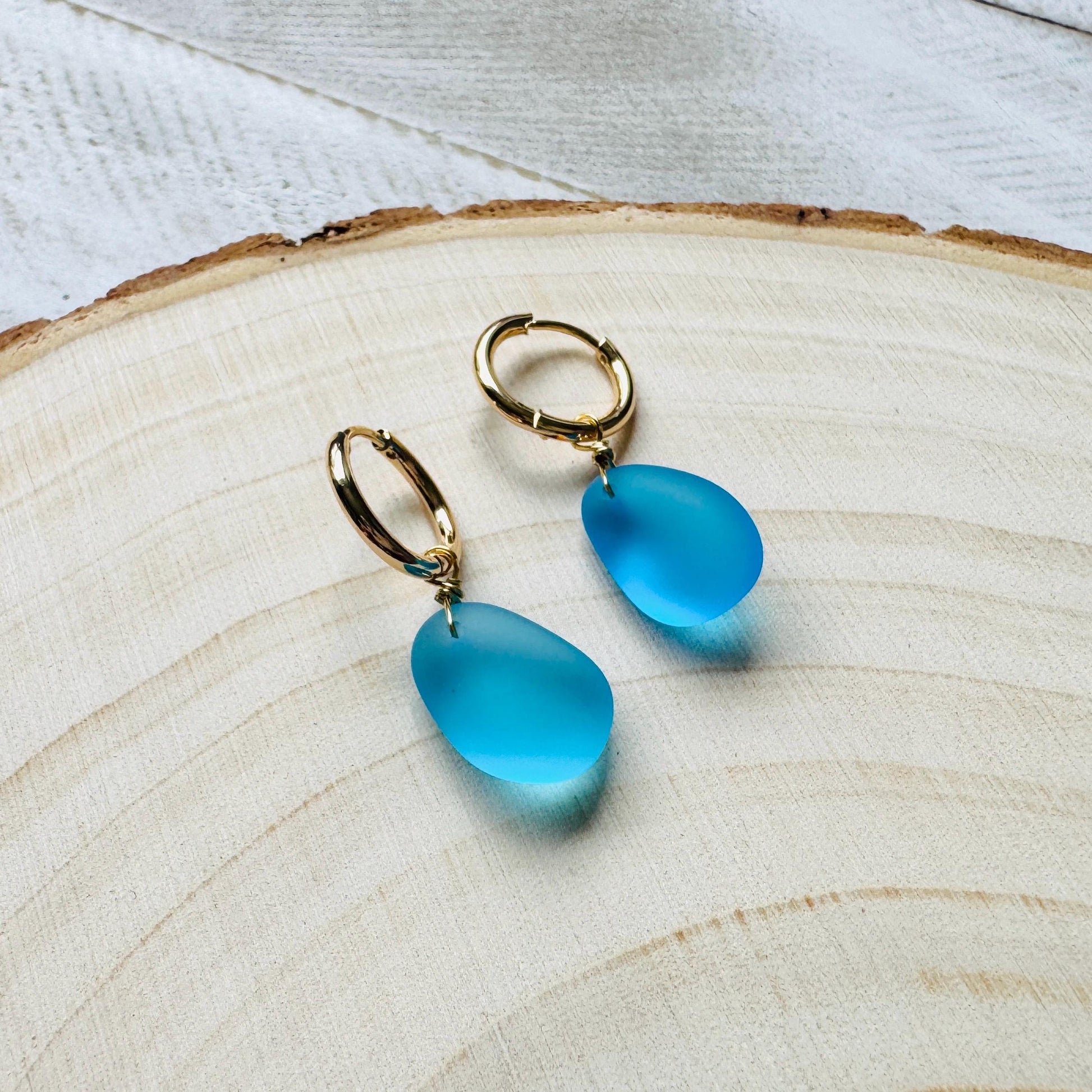 Sea Glass Earrings Dangle, Beachy Jewelry, Huggie Hoop Earrings, Blue Earrings, Trendy Jewelry, Boho Hippie Jewelry, Birthday Gift for Mom