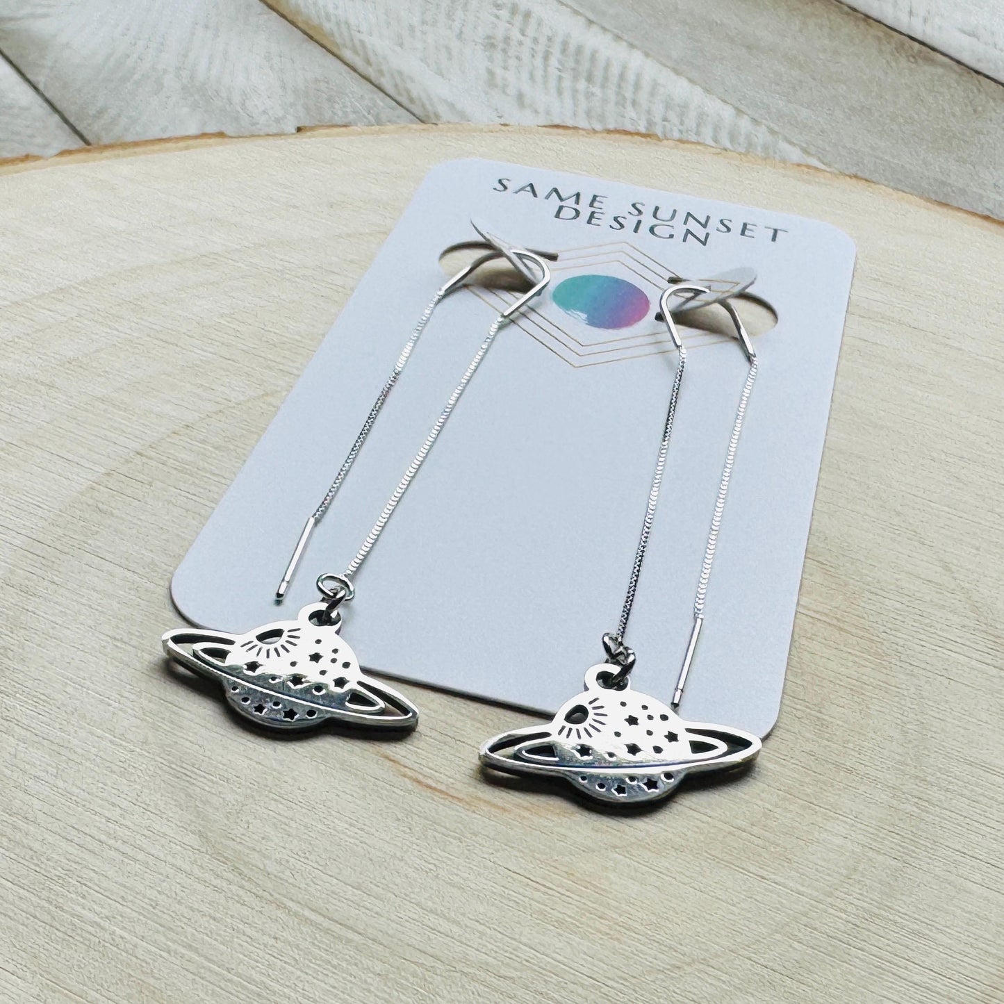 Saturn Earrings, Threader Earrings, Planet Earrings, Space Earrings, Whimsigoth Earrings, Unique Birthday Gift for Mom, Science Teacher Gift