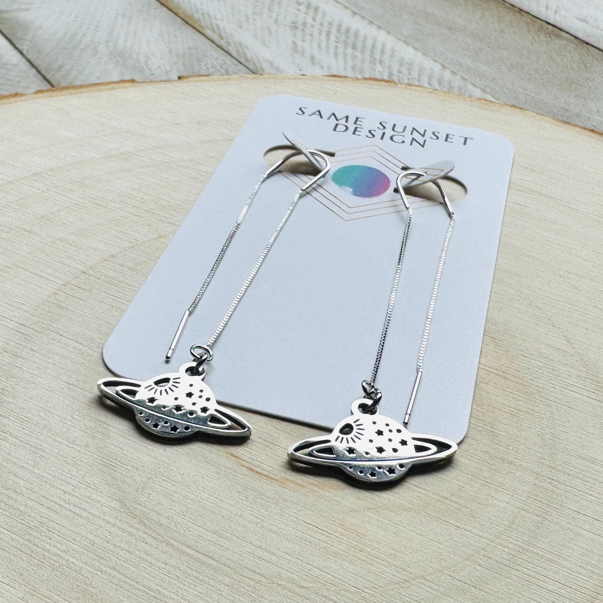 Saturn Earrings, Threader Earrings, Planet Earrings, Space Earrings, Whimsigoth Earrings, Unique Birthday Gift for Mom, Science Teacher Gift