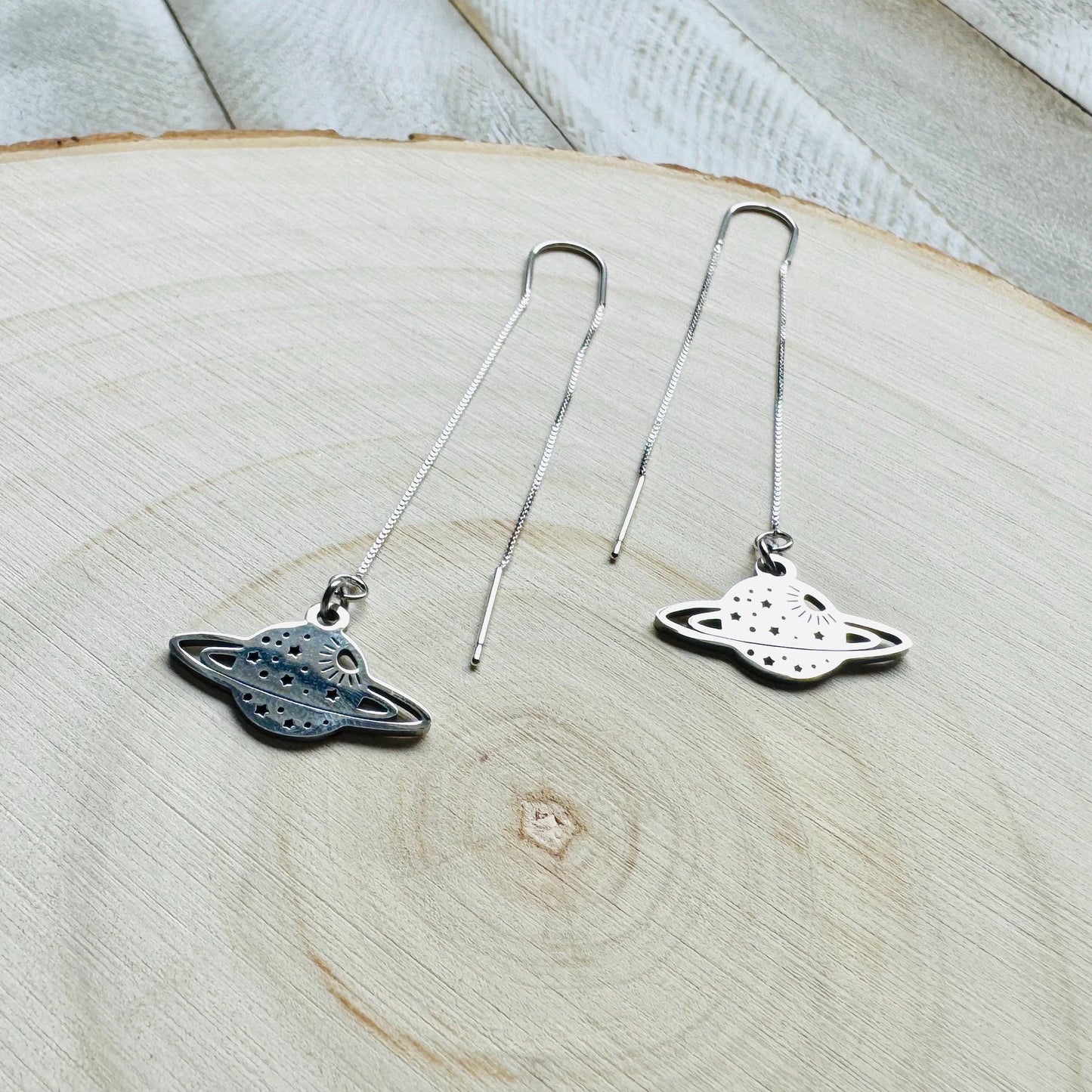 Saturn Earrings, Threader Earrings, Planet Earrings, Space Earrings, Whimsigoth Earrings, Unique Birthday Gift for Mom, Science Teacher Gift