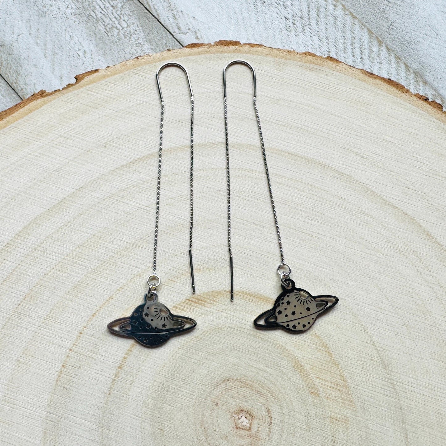 Saturn Earrings, Threader Earrings, Planet Earrings, Space Earrings, Whimsigoth Earrings, Unique Birthday Gift for Mom, Science Teacher Gift