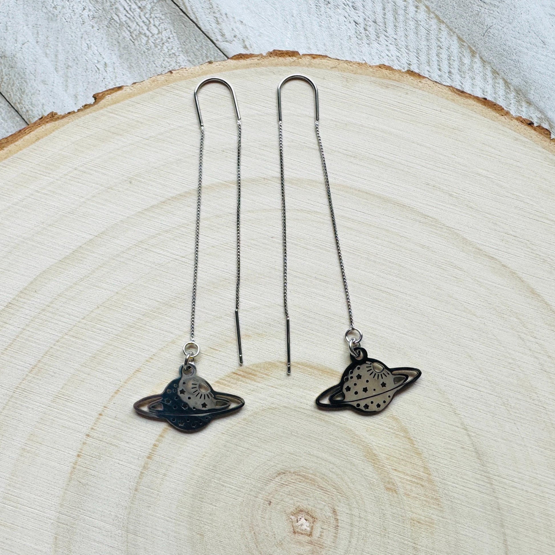 Saturn Earrings, Threader Earrings, Planet Earrings, Space Earrings, Whimsigoth Earrings, Unique Birthday Gift for Mom, Science Teacher Gift