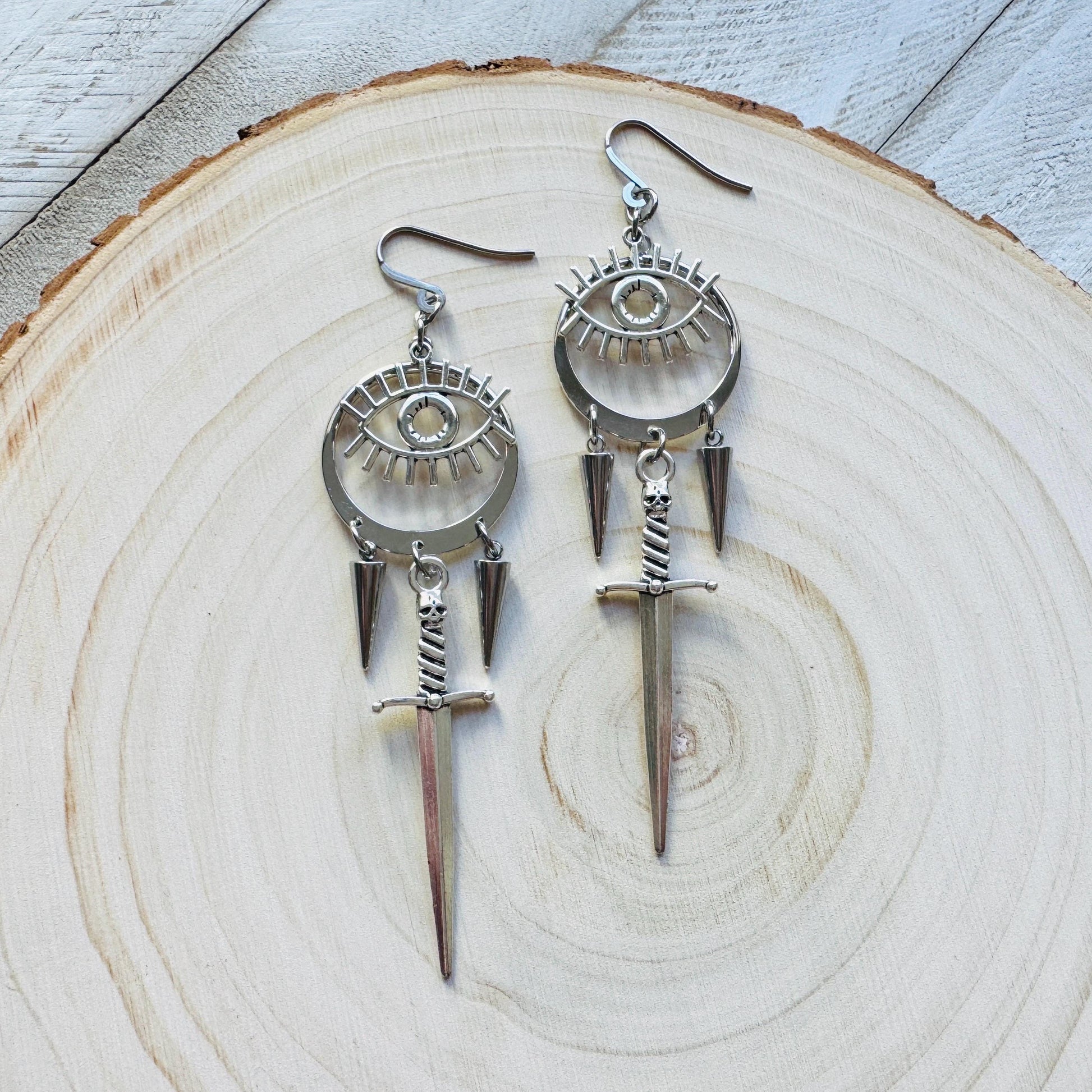 Sword Earrings, Eye Earrings, Spike Earrings, Goth Earrings for Women, Punk Jewelry, Minimalistic Witchy Jewelry, Birthday Gift for Daughter