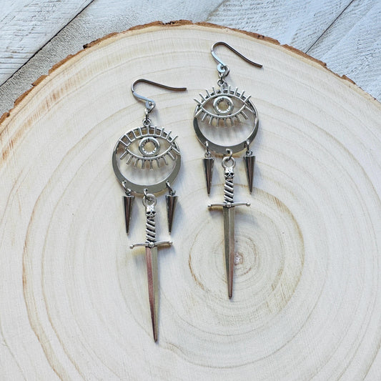 Sword Earrings, Eye Earrings, Spike Earrings, Goth Earrings for Women, Punk Jewelry, Minimalistic Witchy Jewelry, Birthday Gift for Daughter