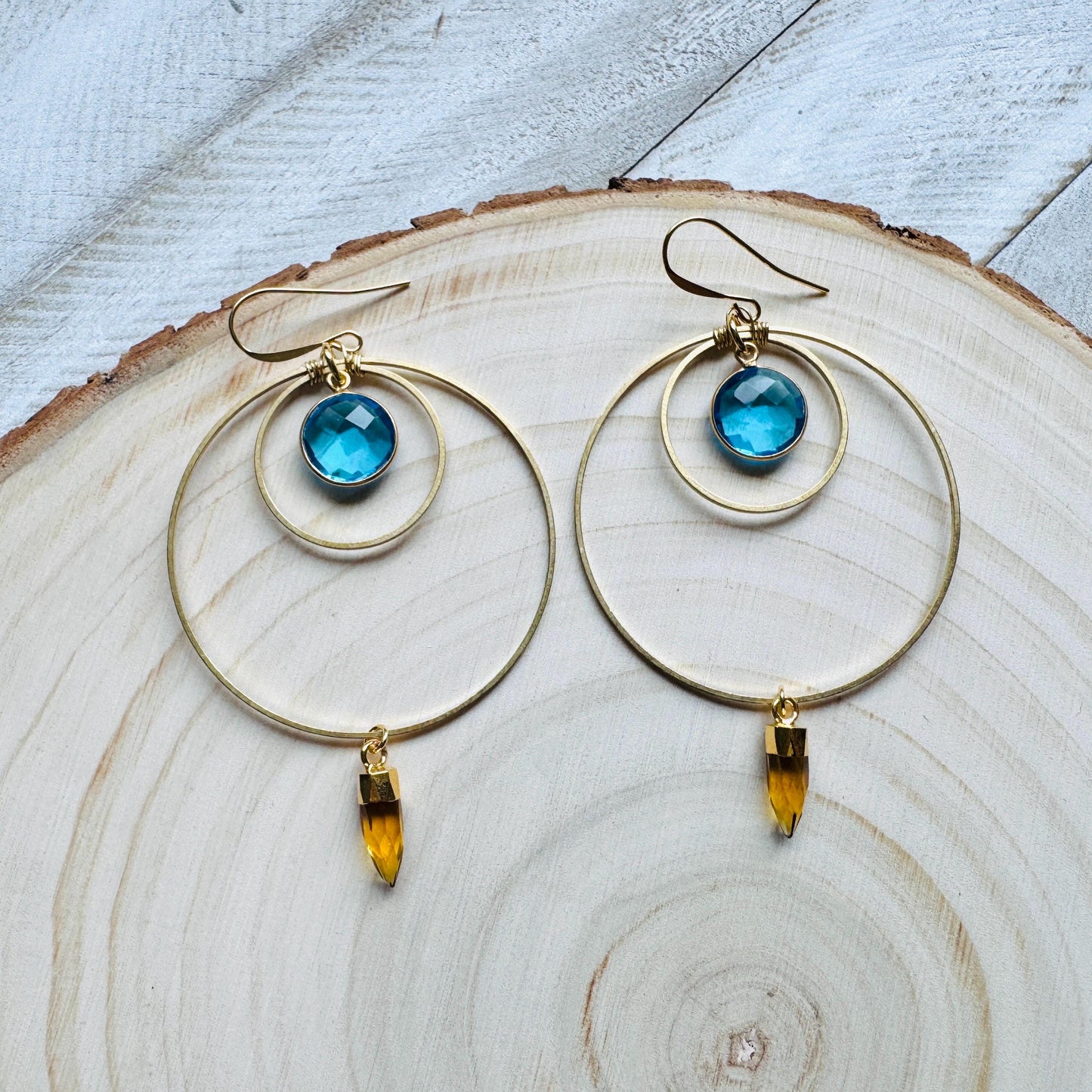 Topaz Earrings Dangle, Brass Hoop Earrings Large, Geometric Jewelry, Western Jewelry, Unique Birthday Gift for Mom, Graduation Gifts