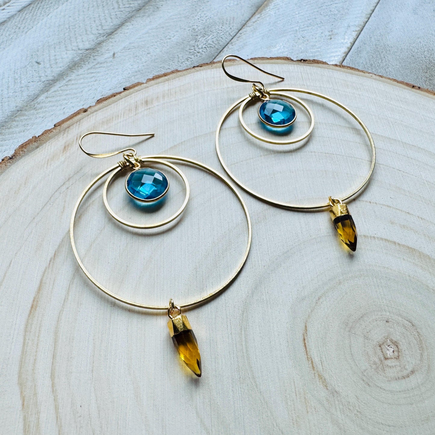 Topaz Earrings Dangle, Brass Hoop Earrings Large, Geometric Jewelry, Western Jewelry, Unique Birthday Gift for Mom, Graduation Gifts