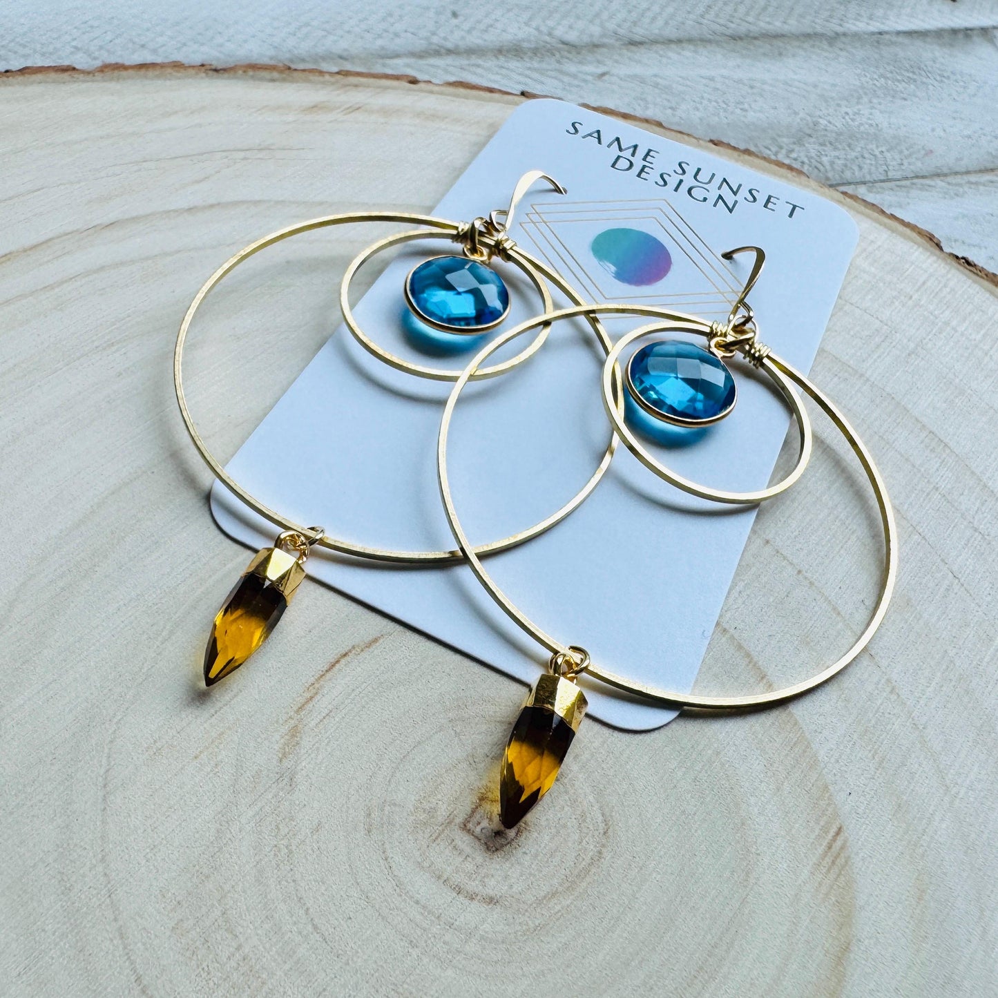 Topaz Earrings Dangle, Brass Hoop Earrings Large, Geometric Jewelry, Western Jewelry, Unique Birthday Gift for Mom, Graduation Gifts