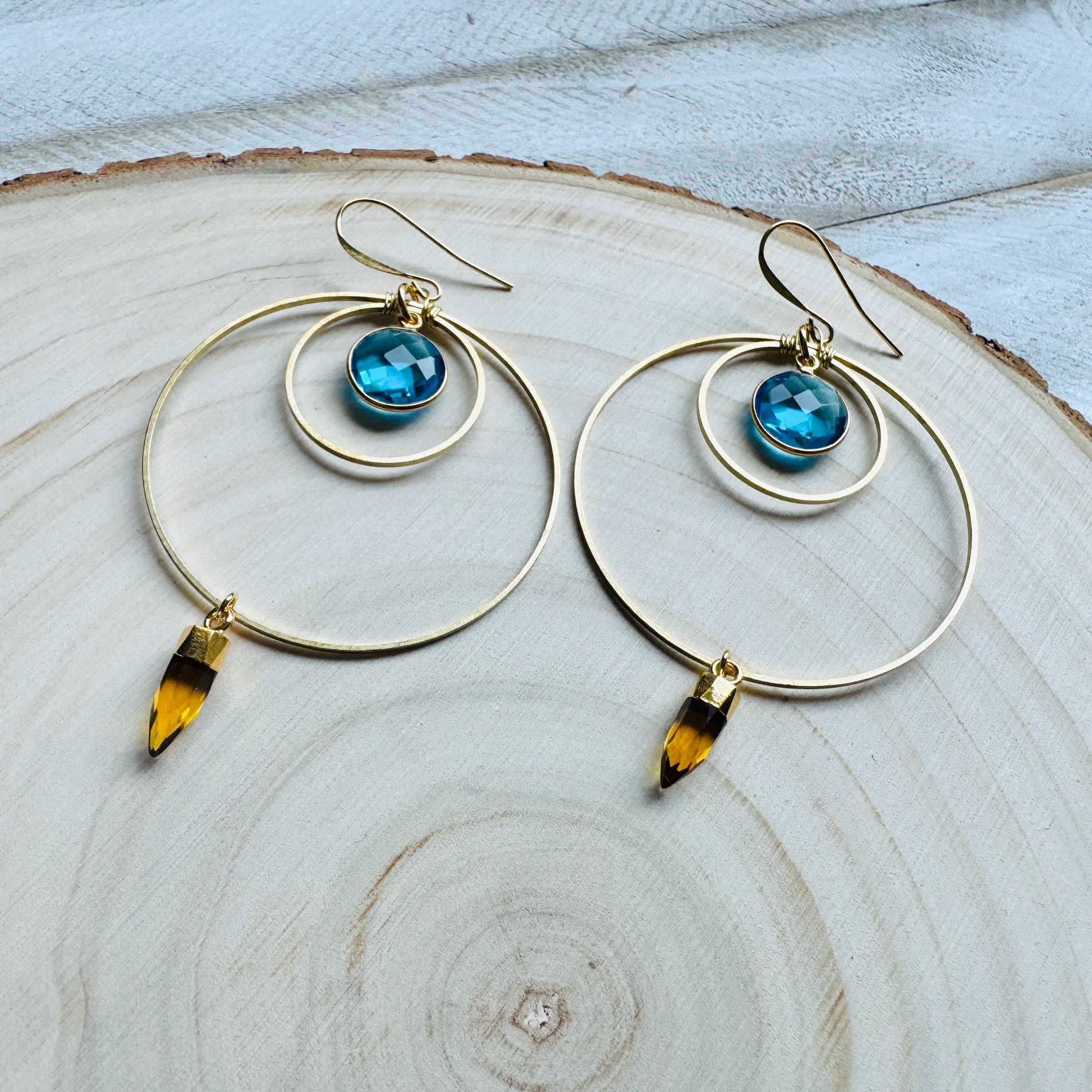 Topaz Earrings Dangle, Brass Hoop Earrings Large, Geometric Jewelry, Western Jewelry, Unique Birthday Gift for Mom, Graduation Gifts