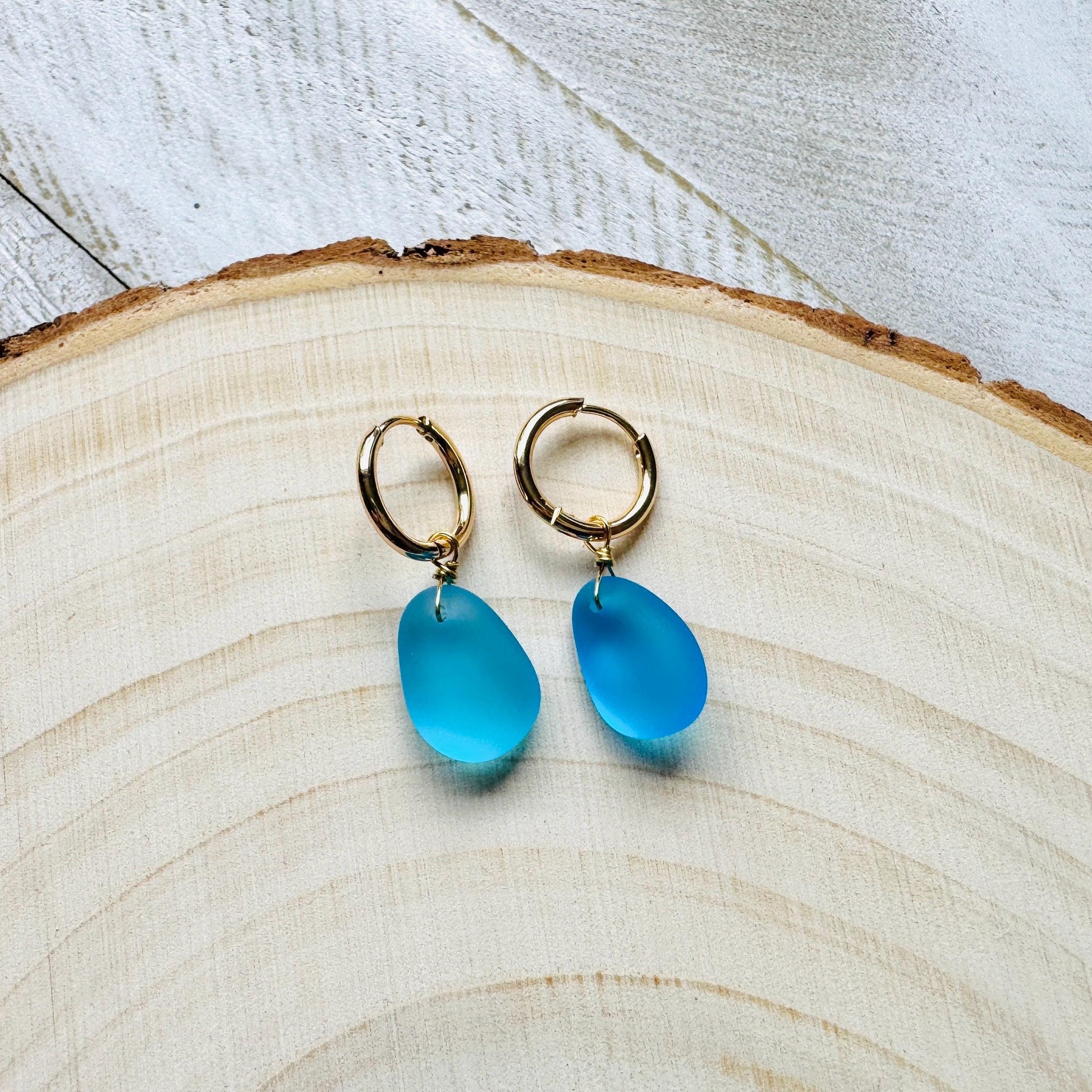 Sea Glass Earrings Dangle, Beachy Jewelry, Huggie Hoop Earrings, Blue Earrings, Trendy Jewelry, Boho Hippie Jewelry, Birthday Gift for Mom