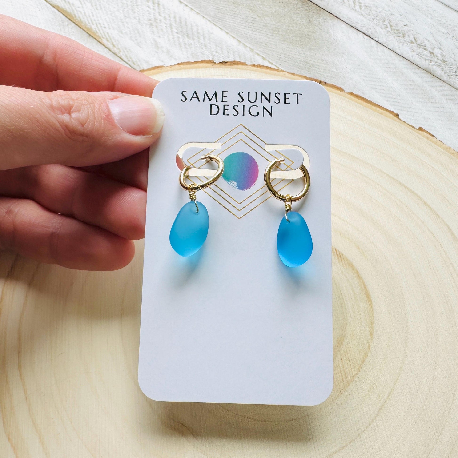 Sea Glass Earrings Dangle, Beachy Jewelry, Huggie Hoop Earrings, Blue Earrings, Trendy Jewelry, Boho Hippie Jewelry, Birthday Gift for Mom