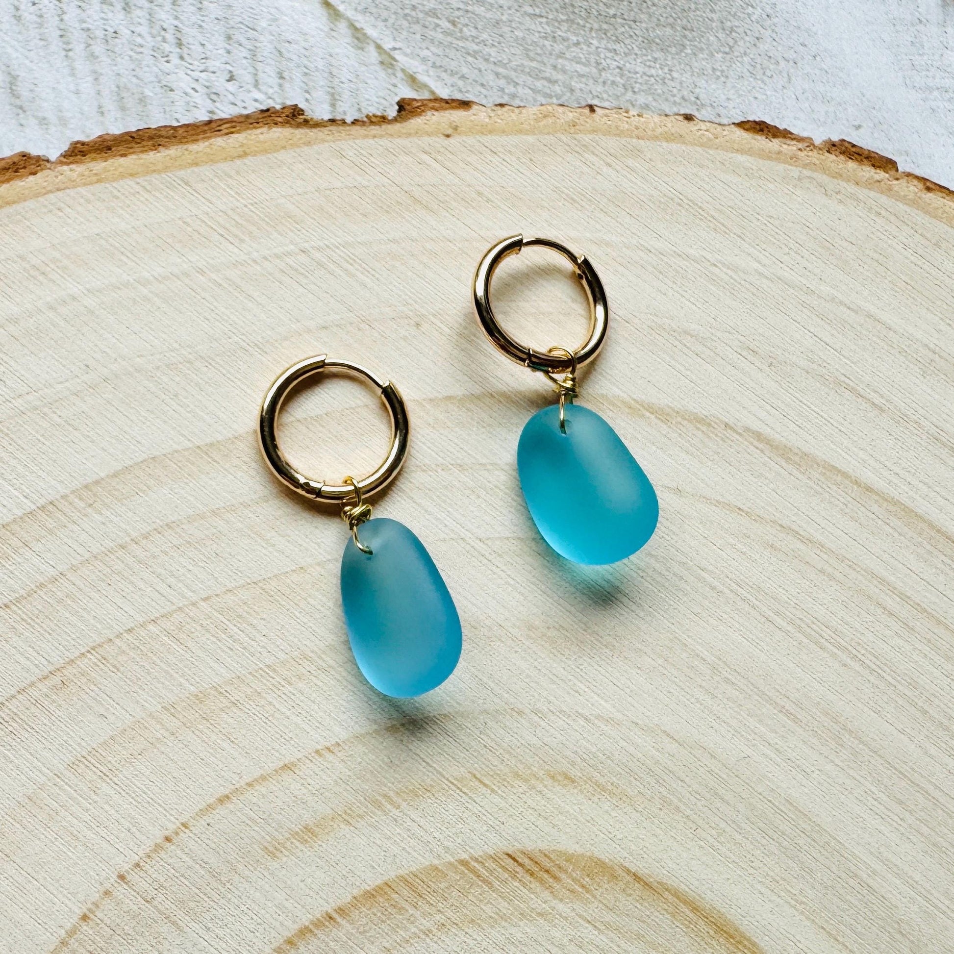 Sea Glass Earrings Dangle, Beachy Jewelry, Huggie Hoop Earrings, Blue Earrings, Trendy Jewelry, Boho Hippie Jewelry, Birthday Gift Ideas