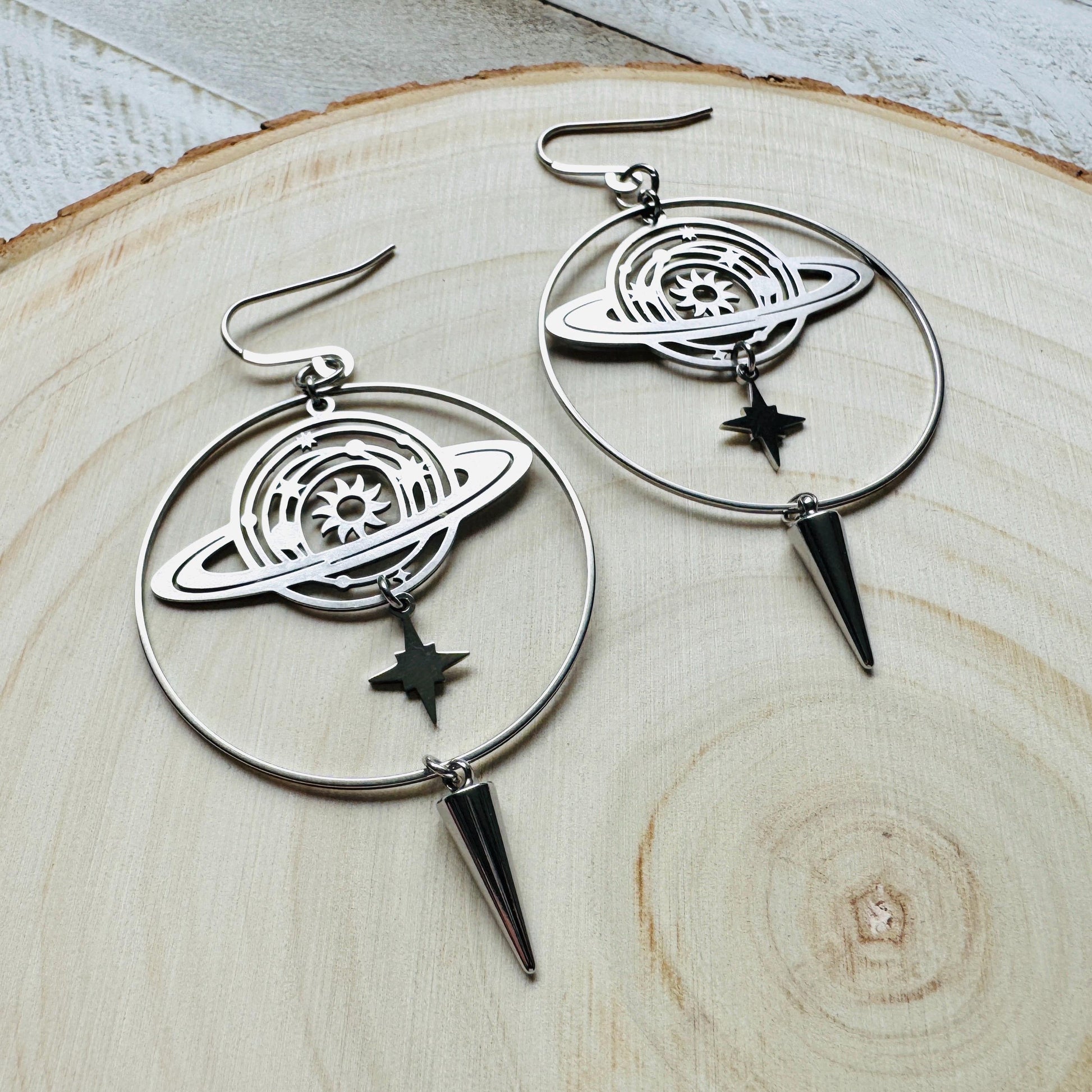 Saturn Earrings, Planet Earrings, Space Earrings, Hoop Earrings Silver, Punk Jewelry, Whimsigoth Earrings, Unique Birthday Gift for Mom