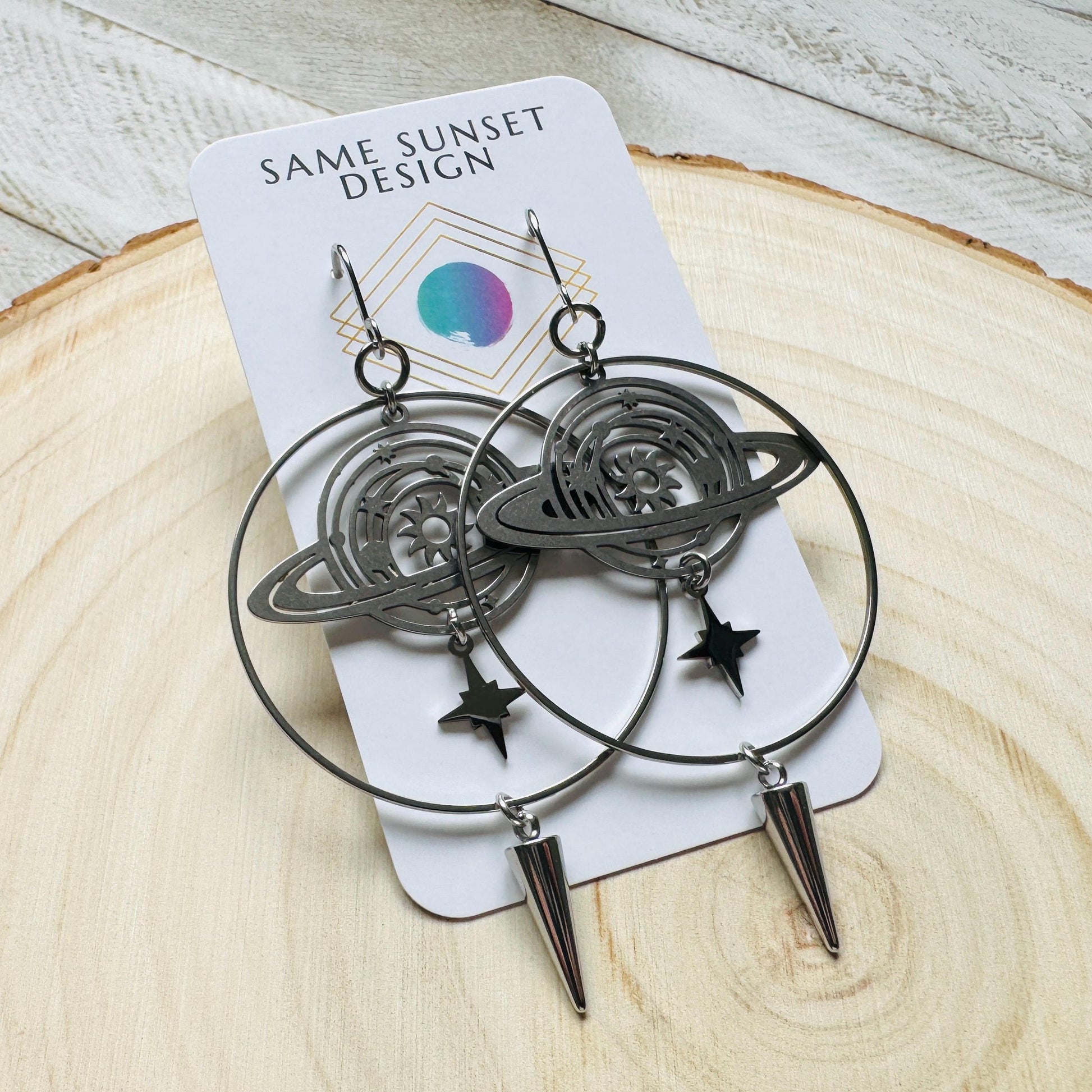 Saturn Earrings, Planet Earrings, Space Earrings, Hoop Earrings Silver, Punk Jewelry, Whimsigoth Earrings, Unique Birthday Gift for Mom