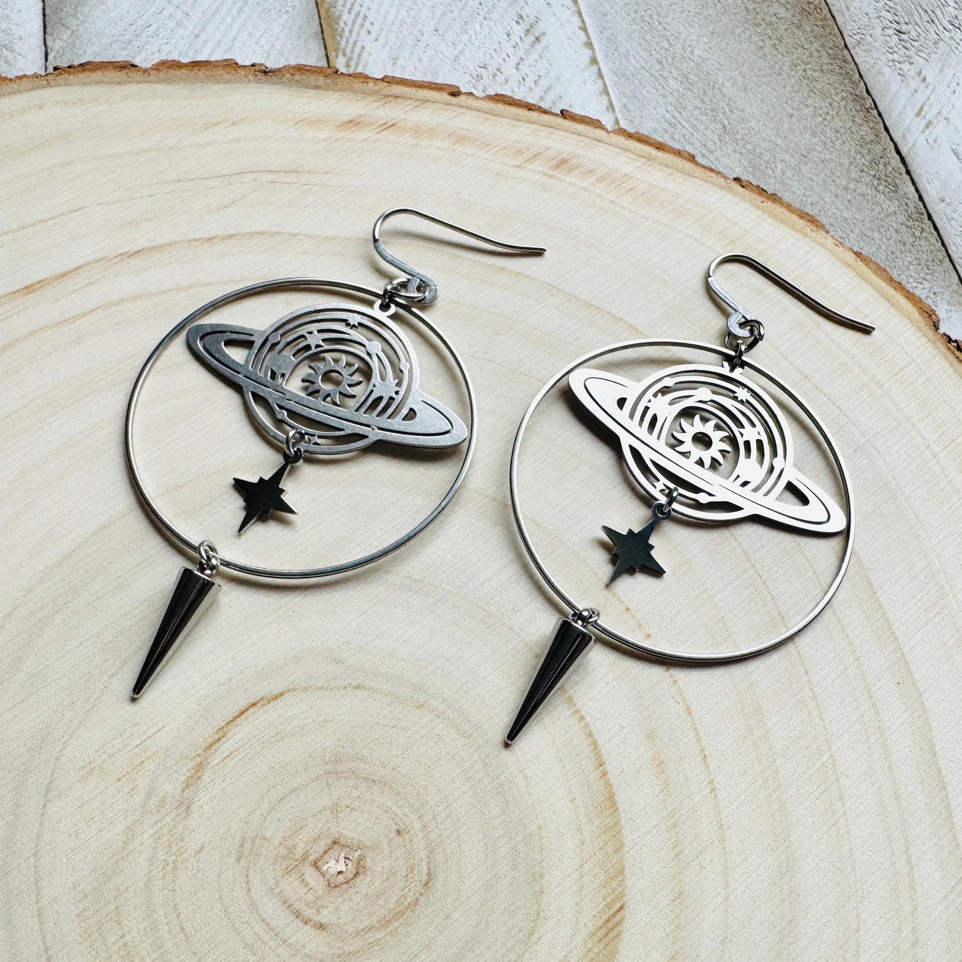 Saturn Earrings, Planet Earrings, Space Earrings, Hoop Earrings Silver, Punk Jewelry, Whimsigoth Earrings, Unique Birthday Gift for Mom