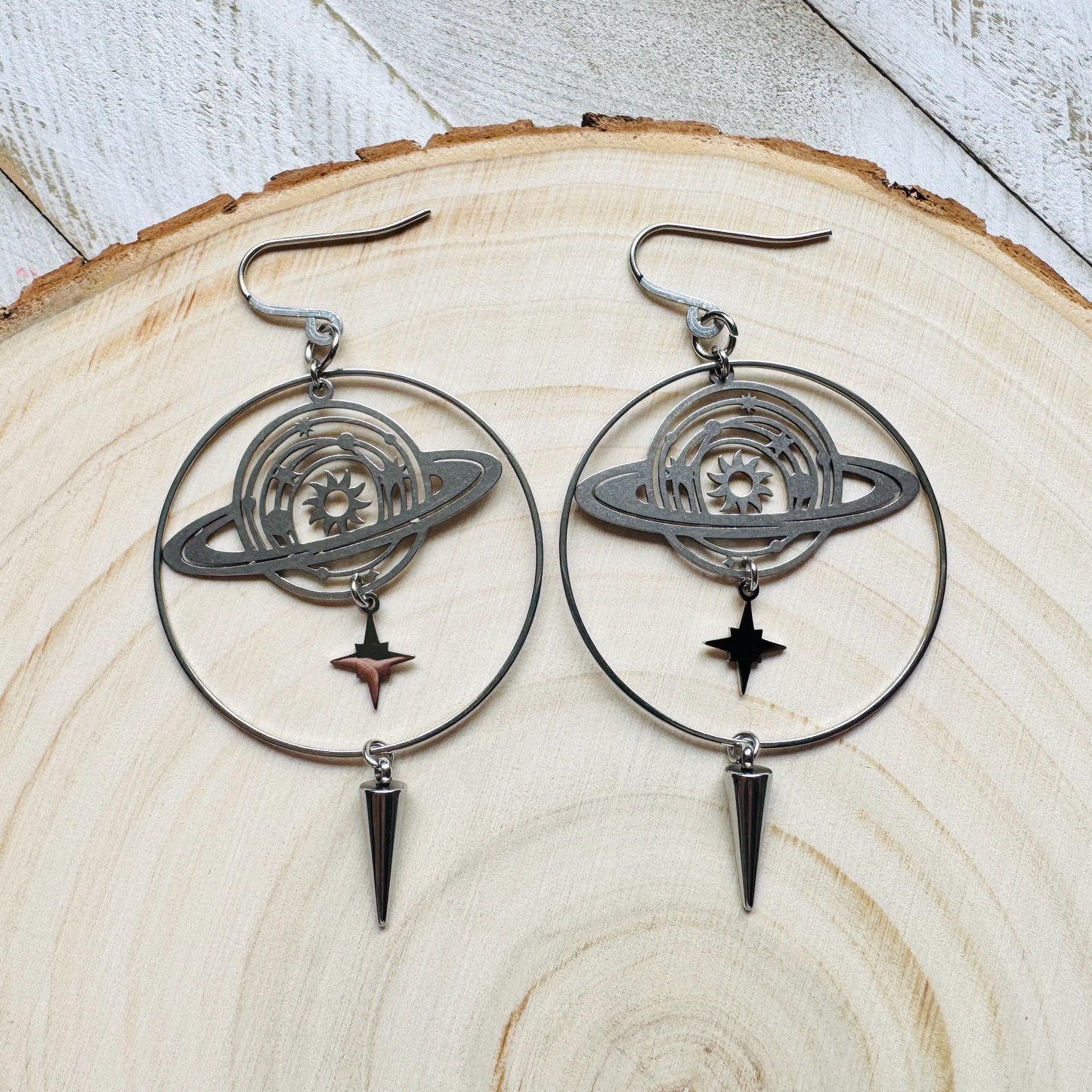 Saturn Earrings, Planet Earrings, Space Earrings, Hoop Earrings Silver, Punk Jewelry, Whimsigoth Earrings, Unique Birthday Gift for Mom